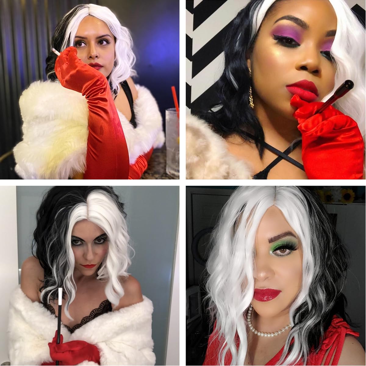 Stylish Black and White Cruella De Vil Wig for Women - Short Curly Wavy Costume Hairpiece | Soft & Comfortable for Halloween, Cosplay, Themed Parties & Dress-Up Events