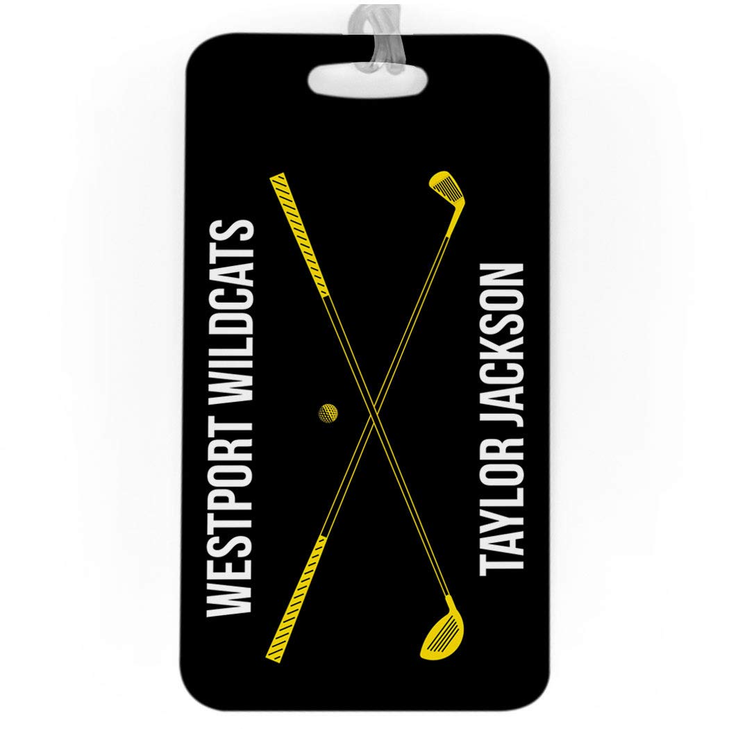 Personalized Golf Bag Tag with Crossed Golf Clubs Design - Large Black & Yellow Luggage Tag for Golfers | Perfect for Golf Bags, Travel Luggage & Sports Equipment Identification
