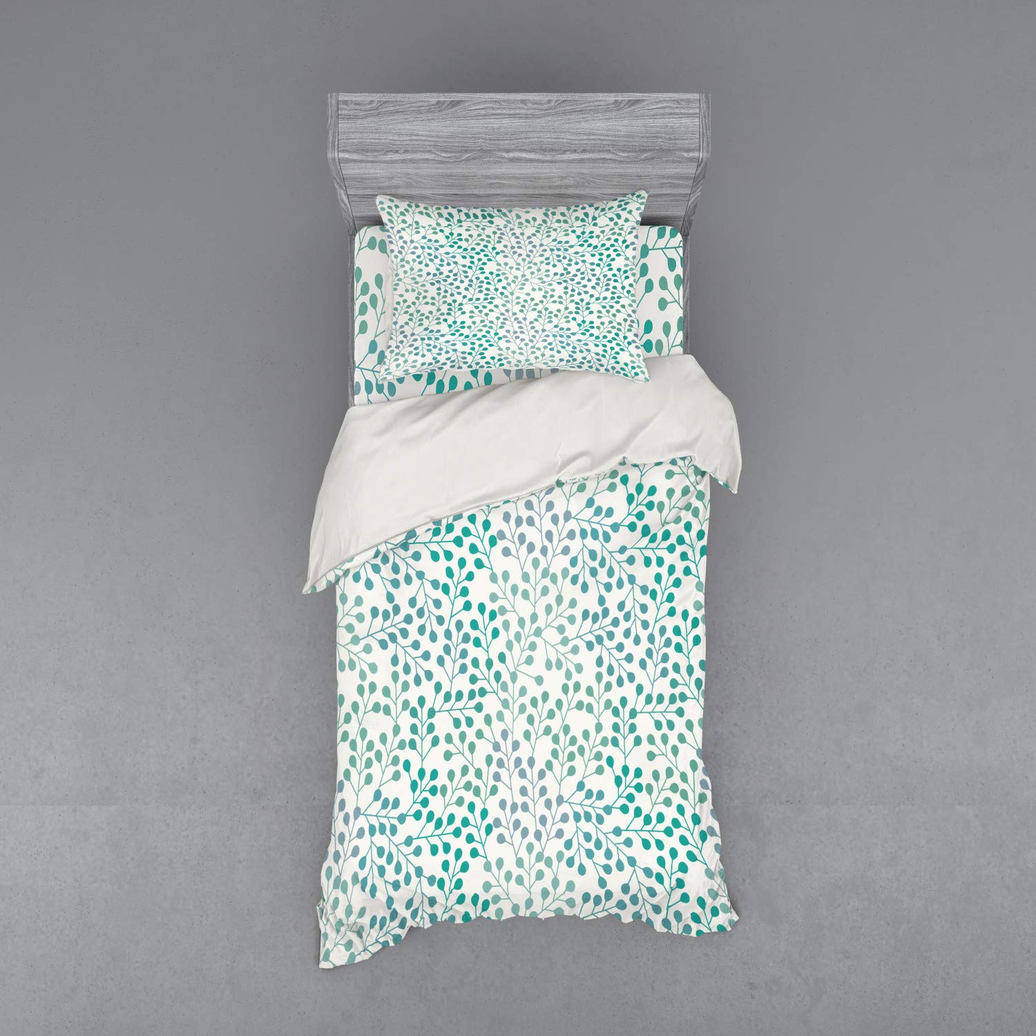 Ambesonne Romantic Minimalist Duvet Cover Set - 3 Piece Twin Size Bedding with Sham & Fitted Sheet, Teal Slate Blue Branch Print - Perfect for Boho Bedroom Decor & Cozy Home Styling