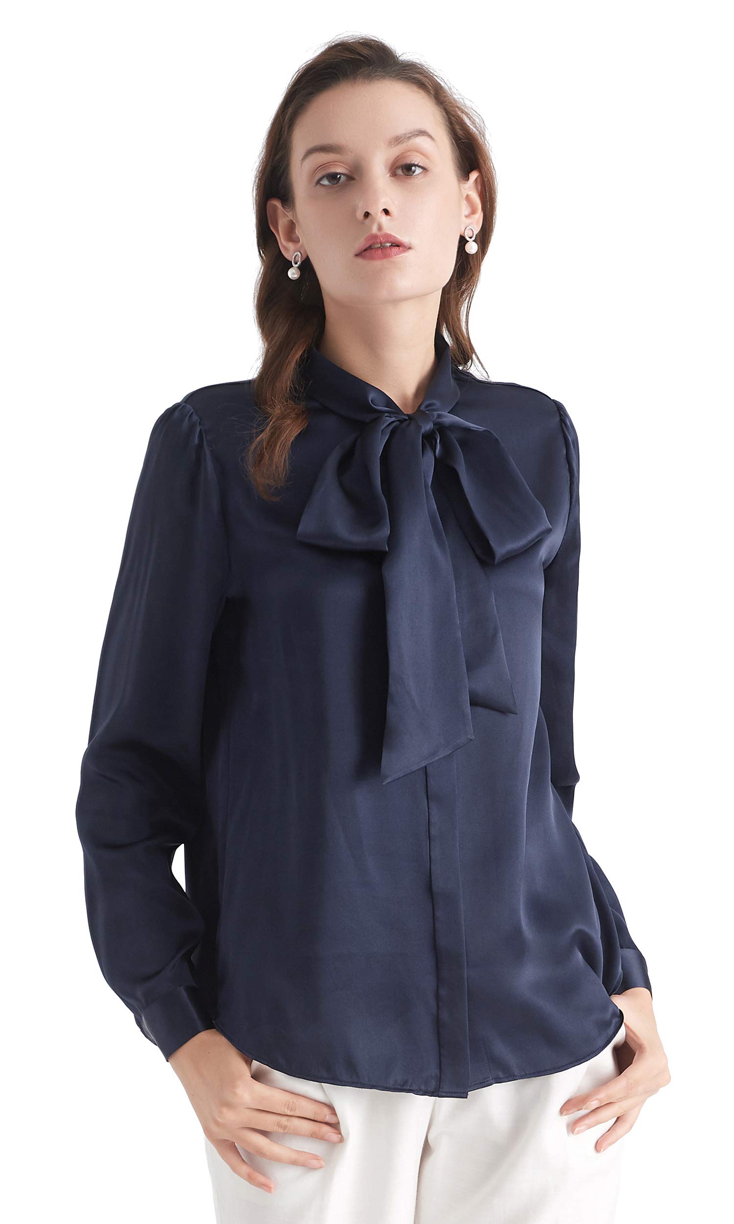 LilySilk Women's Vintage Bow-Tie Neck Silk Blouse - Long Sleeve Button Up Shirt 100% Real Silk Top for Work & Special Occasions