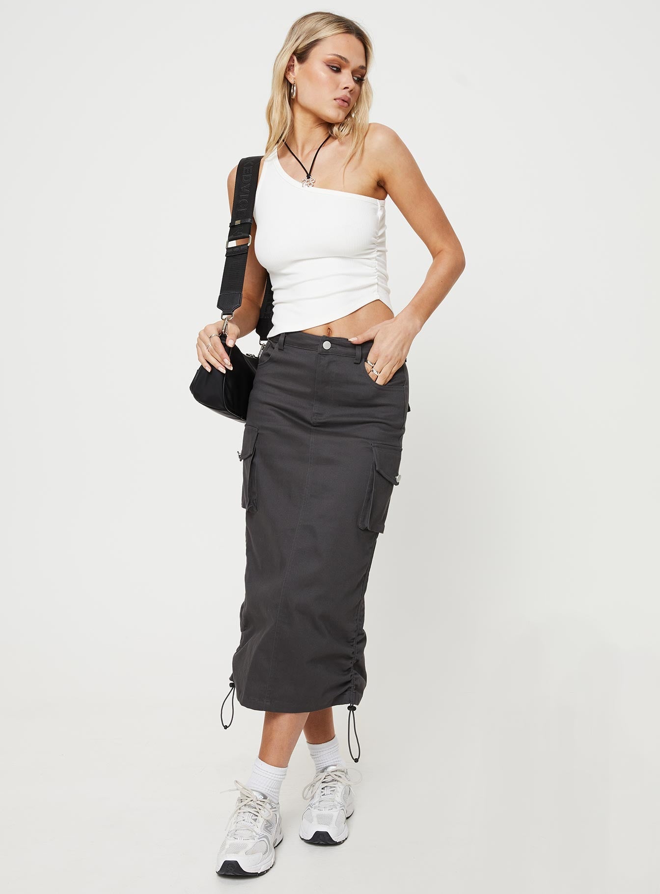 Bellows Cargo Midi Skirt for Women - Washed Black A-Line Skirt | Casual & Office Wear | Perfect for Work, Dates & Everyday Outfits