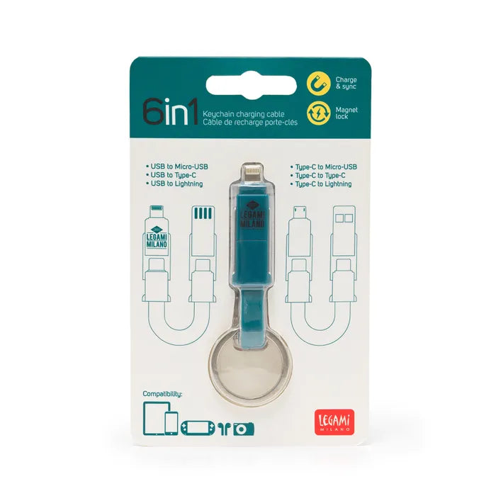 Legami 6-in-1 Multi-Function Keychain Charging Cable - USB C, Lightning & Micro USB Compatible for iPhone, Android, Tablets - Perfect for Travel, Office & Everyday Use