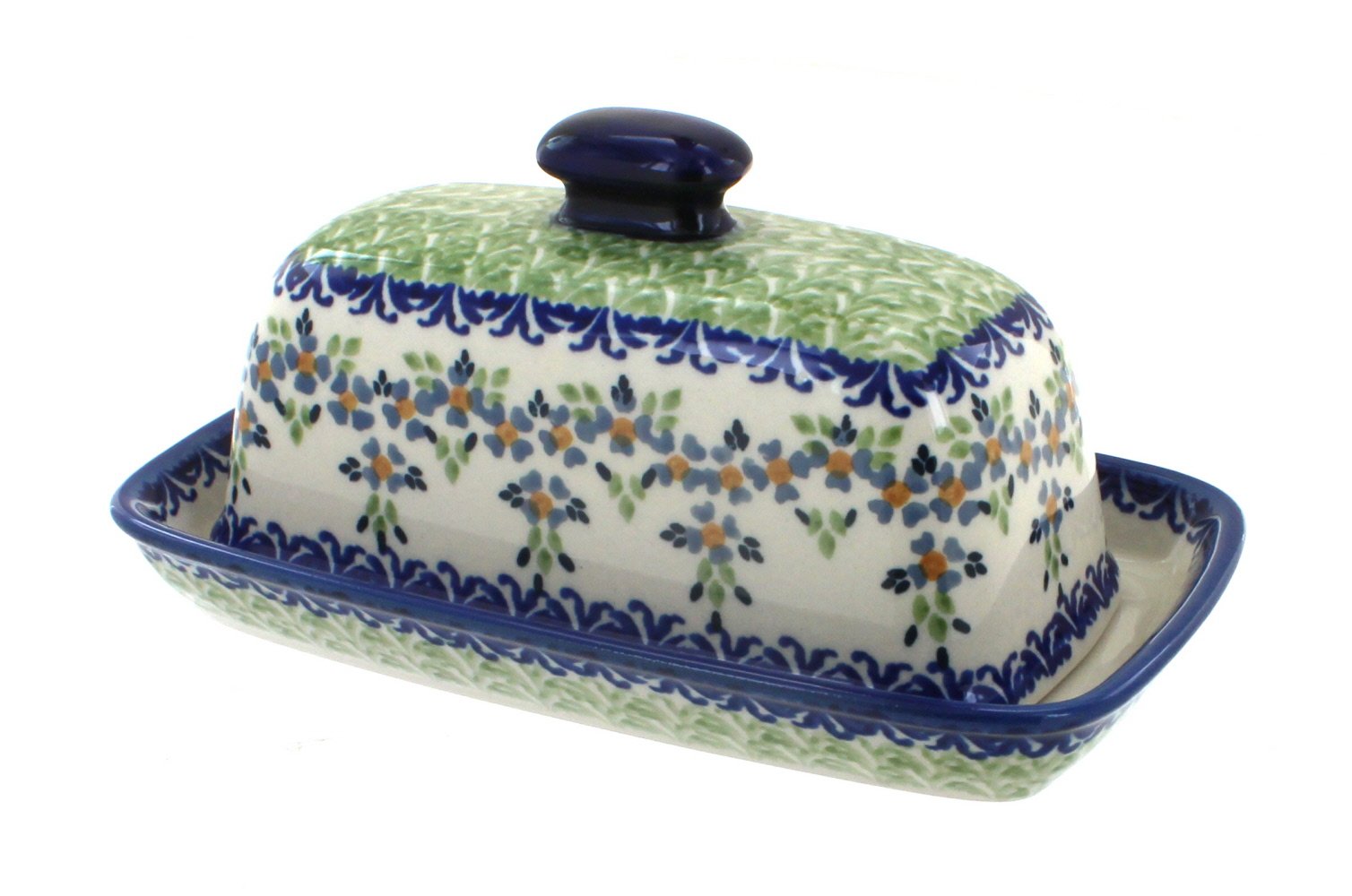 Handmade Blue Rose Polish Pottery Butter Dish - Summer Vine Design - Perfect for Kitchen, Dining Table, and Gift Giving