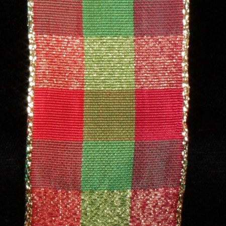Metallic Red, Green & Gold Checkered Wired Craft Ribbon - 1.5 Inch x 27 Yards for Holiday Gift Wrapping, DIY Decorations & Christmas Tree Ornaments