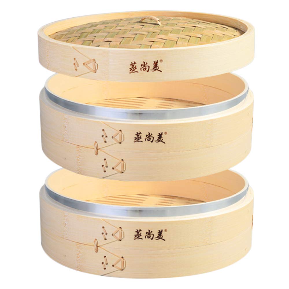 Premium 2-Tier Bamboo Steamer with Stainless Steel Banding for Asian Cooking - Perfect for Dumplings, Buns, Vegetables & Rice | Includes Sauce Dish & Chopsticks | Ideal for Home Chefs & Dim Sum Lovers