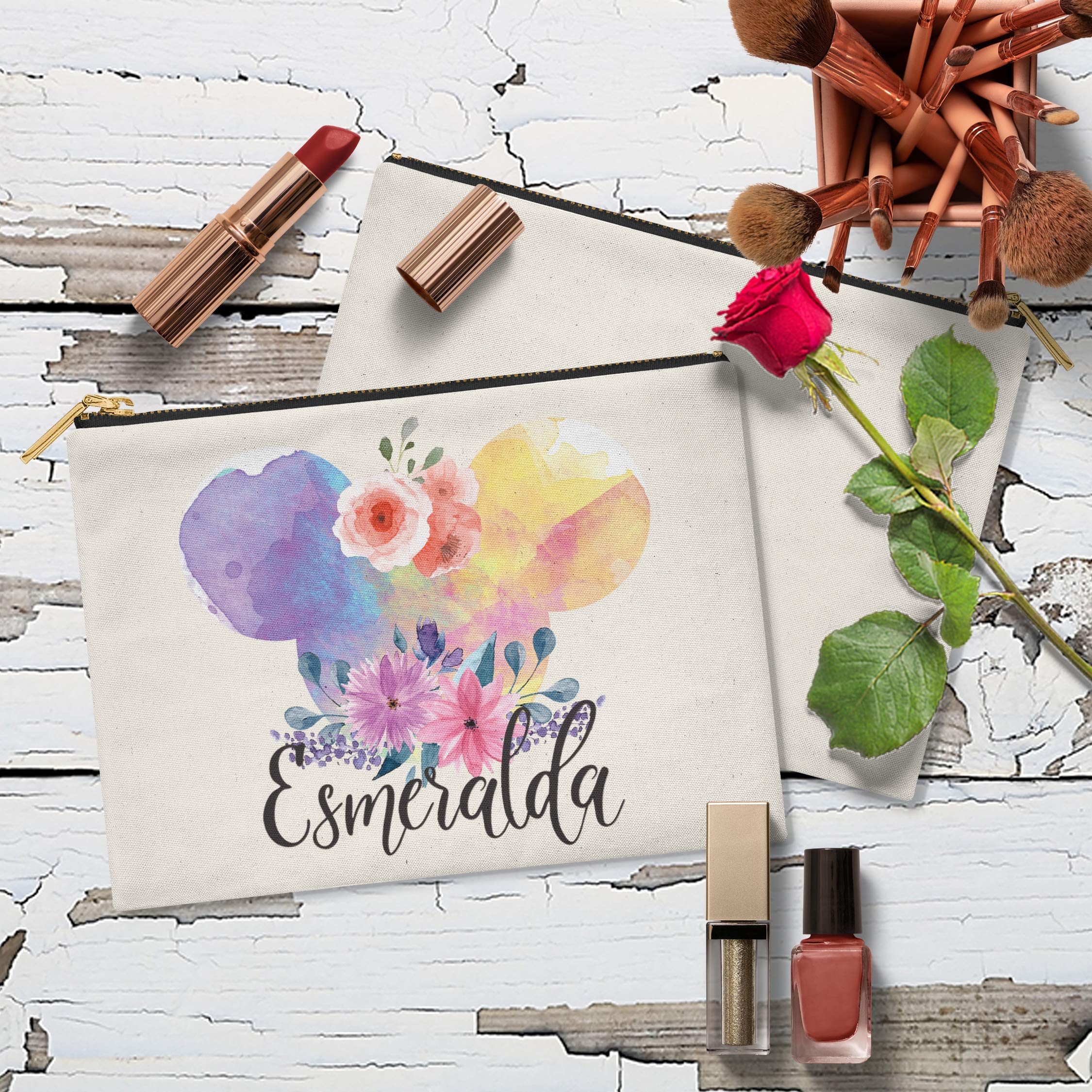Personalized Name Makeup Bag - Custom Funny Cosmetic Pouch with Mickey Mouse Watercolor Floral Design (10