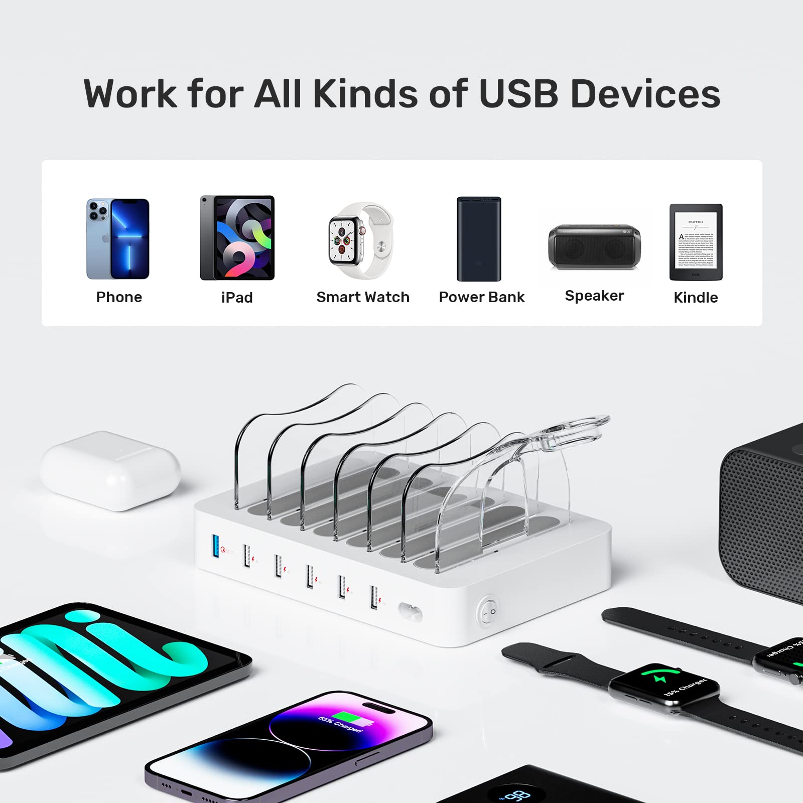 Unitek 60W 6-Port Fast Charger with QC 3.0 | Multi-Device Charging Station for Phones & Tablets | Home & Office Use