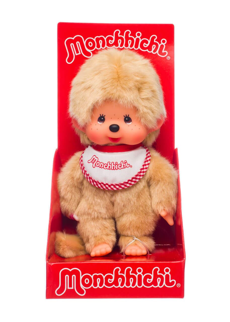 Monchhichi Sekiguchi Beige Plush Toy Boy with Bib - Red & White Outfit | Cute Collectible Doll for Kids, Gift for Baby Showers & Nursery Decor