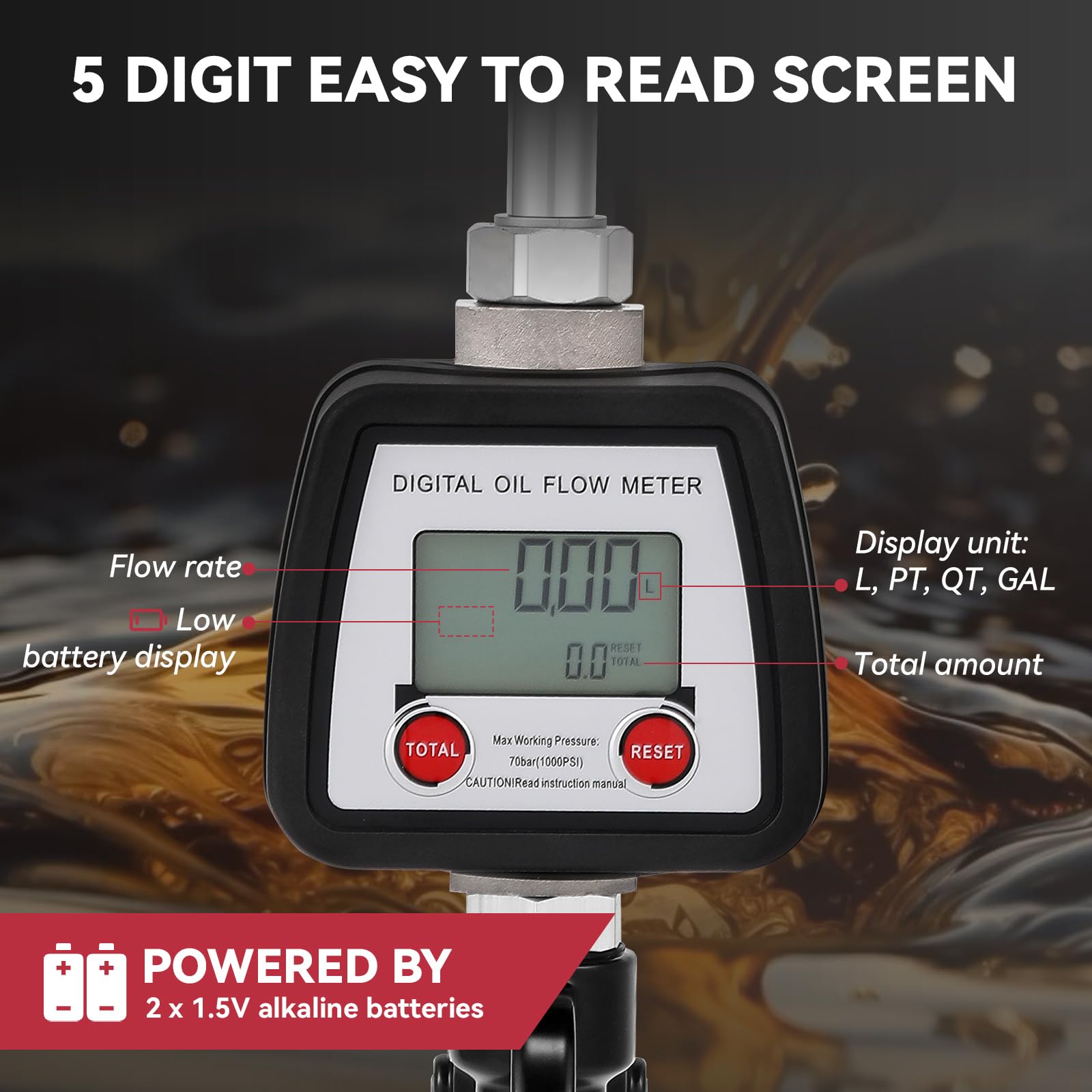 Poafamx Heavy Duty Digital Oil Control Valve Meter Nozzle - 8GPM/30LPM Air Operated Oil Transfer Pump - 7-1000 PSI (0.5-70 Bar) Fluid Dispenser with 1/2