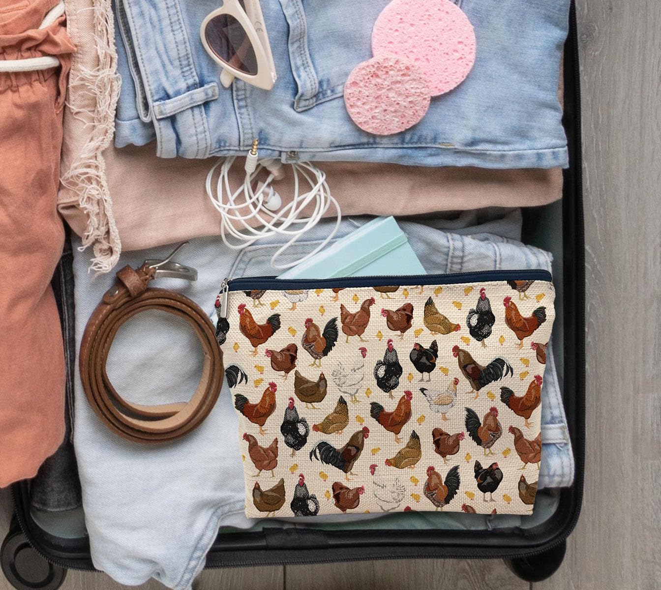 Stylish IWXYI Chicken Print Makeup Bag - Waterproof Zipper Pouch for Cosmetics, Travel Toiletry Organizer | Perfect Gift for Women & Chicken Lovers | Great for Travel, Gym, and Daily Use