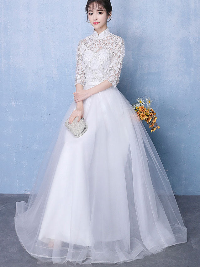 Elegant White Tulle Full Length Wedding Qipao Cheongsam Dress - Traditional Chinese Bridal Gown for Wedding Ceremony, Photoshoot & Special Occasions