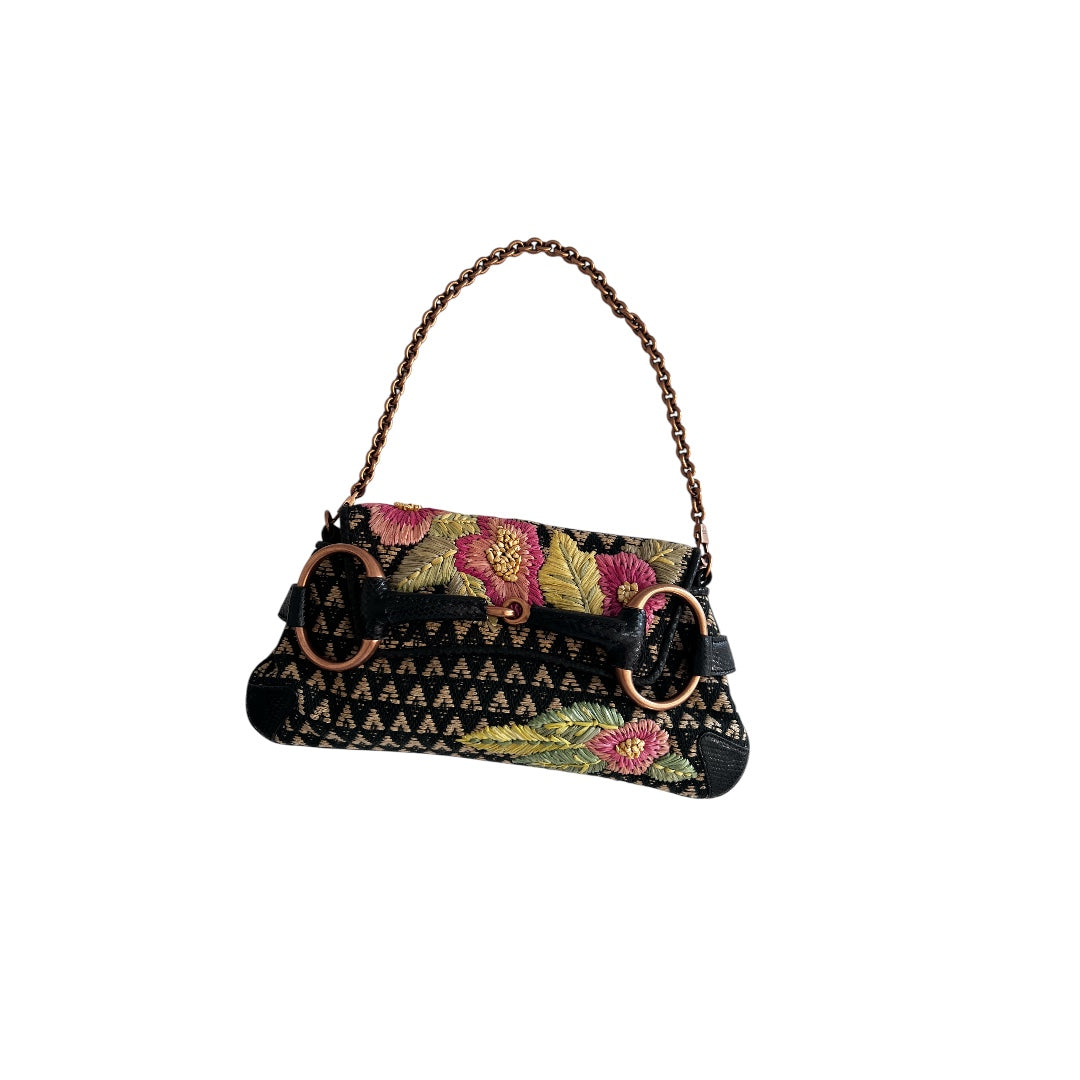 Vintage Gucci Raffia Embroidered Horsebit Chain Bag Medium - Luxury Designer Crossbody Purse for Women, Perfect for Parties, Weddings & Summer Outings