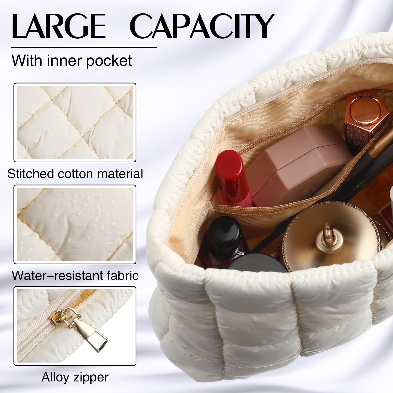 Hillban Quilted Makeup Bag - Cute Puffer Cosmetic Pouch for Travel & Toiletries (White)