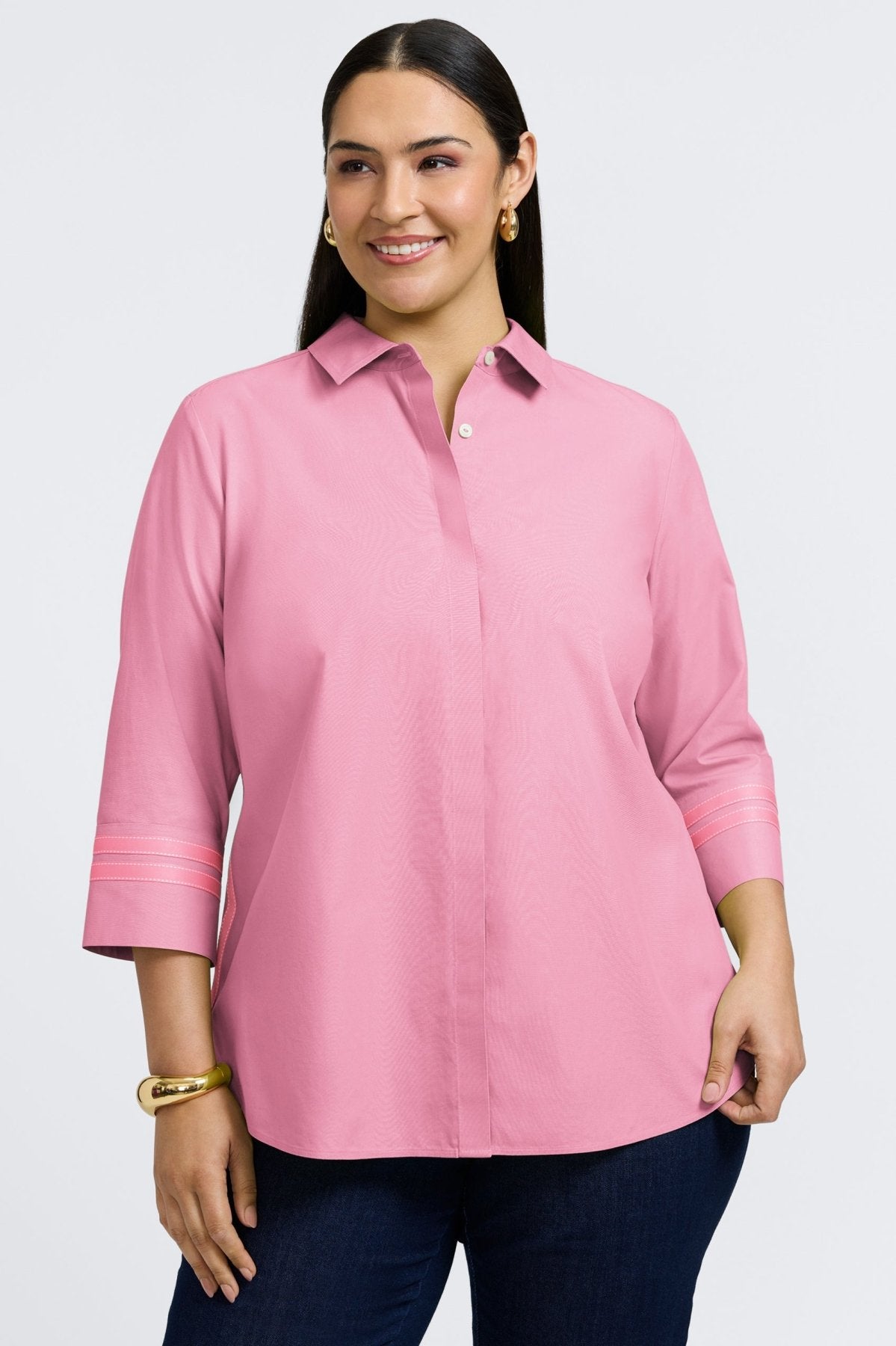 Brooke Plus No Iron Pinpoint 3/4 Sleeve Button Down Shirt for Women - Wrinkle-Free Office Wear & Business Casual Outfits