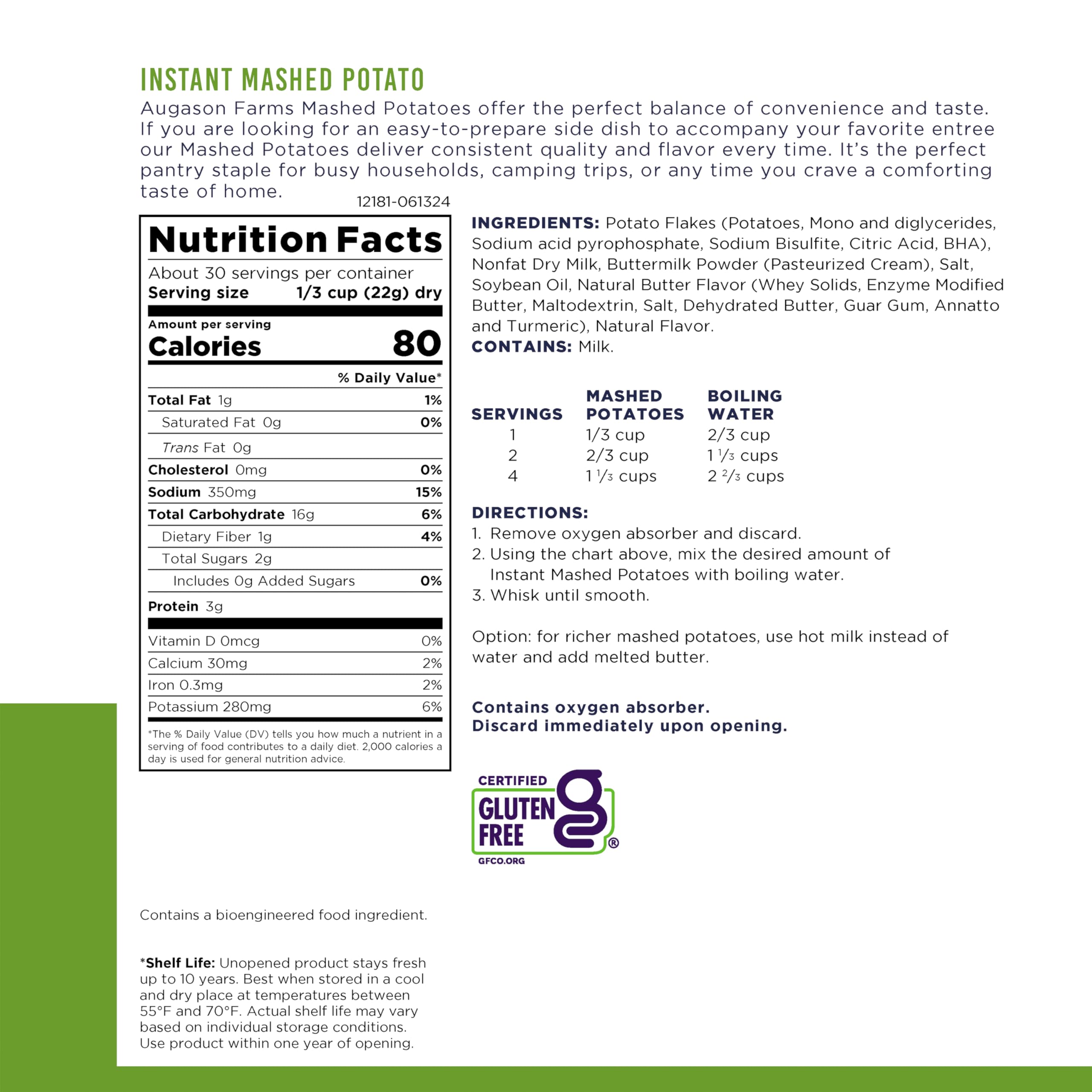 Augason Farms Instant Mashed Potatoes Can - 30 Servings | Emergency Food Supply & Everyday Meals | Camping, Survival, Quick Family Dinner