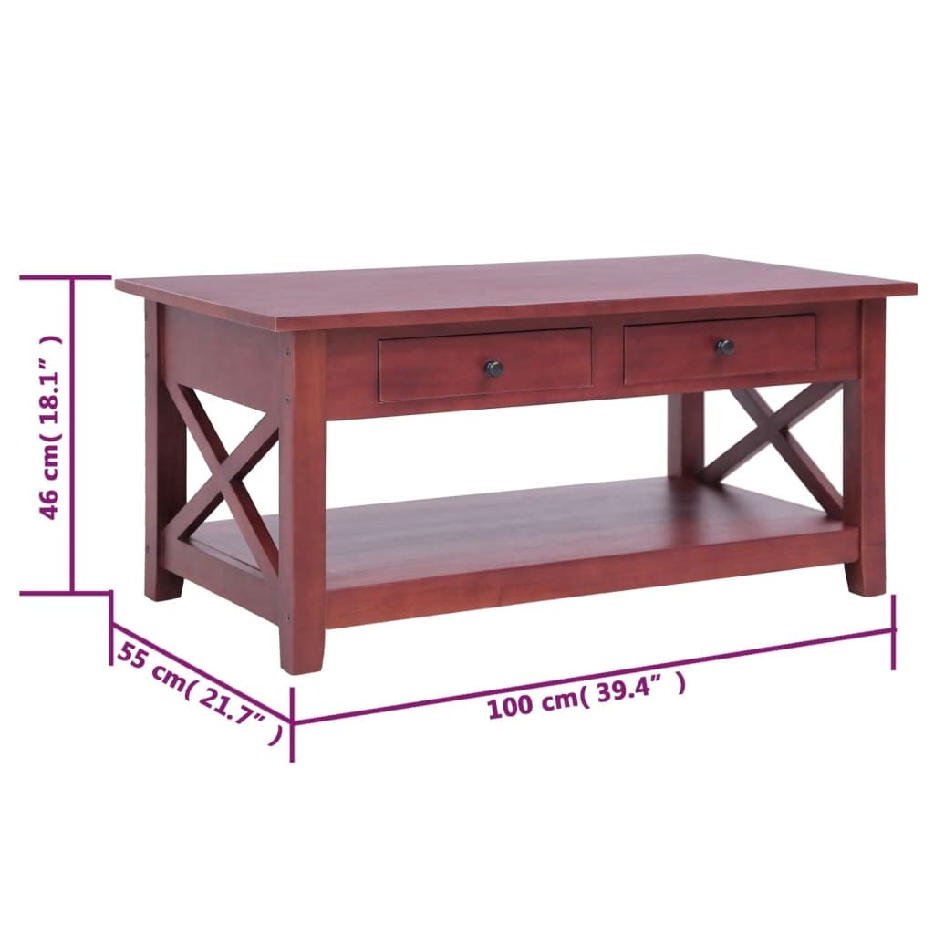 Premium Solid Mahogany Wood Coffee Table with 2 Drawers & Shelf - Classic Brown Lacquer Finish, Sturdy Frame - Elegant Living Room Furniture for Home Decor, Family Gatherings & Entertainment Spaces