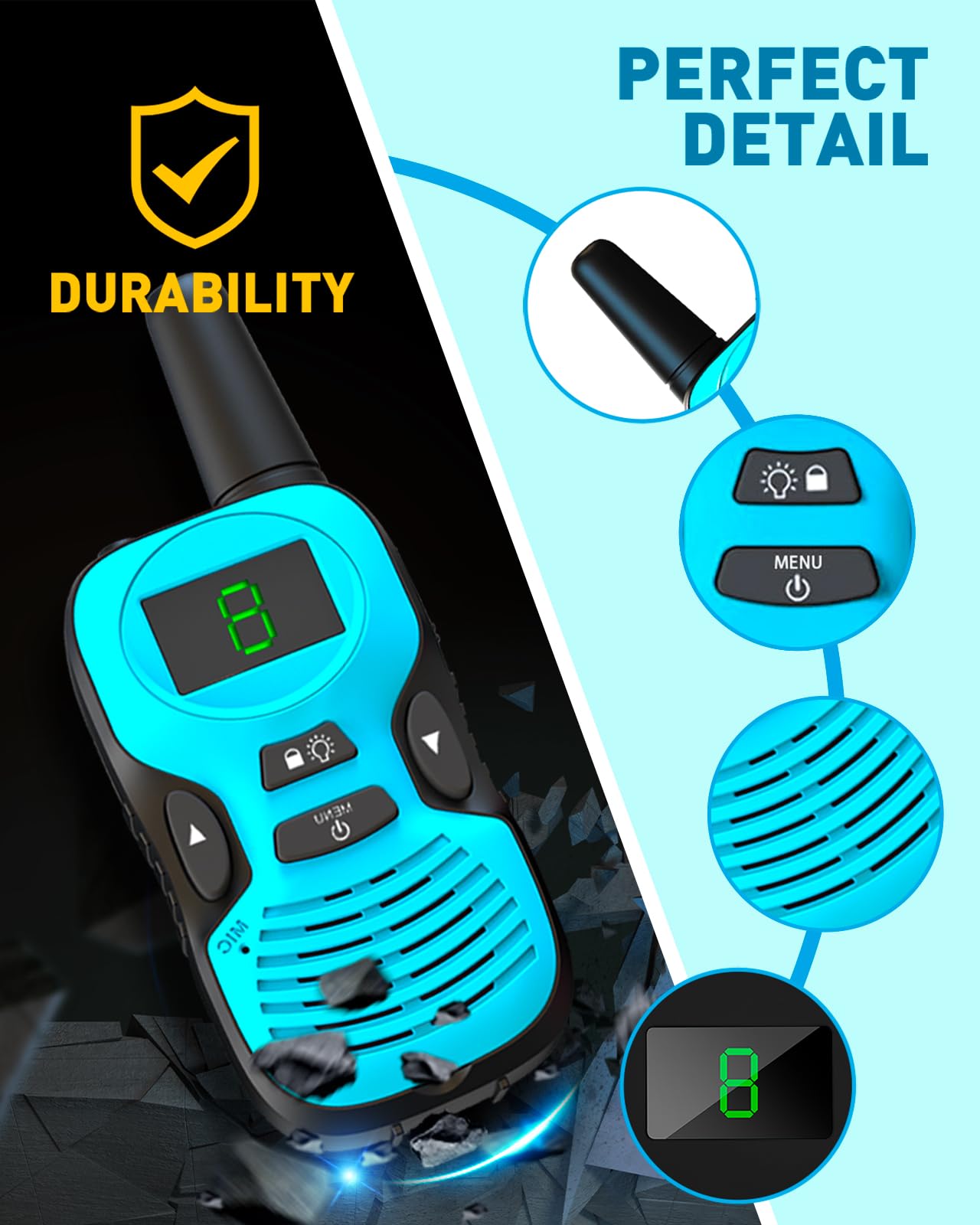 Long Range Walkie Talkies for Kids - Rechargeable 2 Pack with Replaceable Shells, Backlit LCD & Flashlight - 3 Mile Range - Perfect for Outdoor Adventures, Camping, and Playtime - Toys for Boys and Girls Ages 5-7