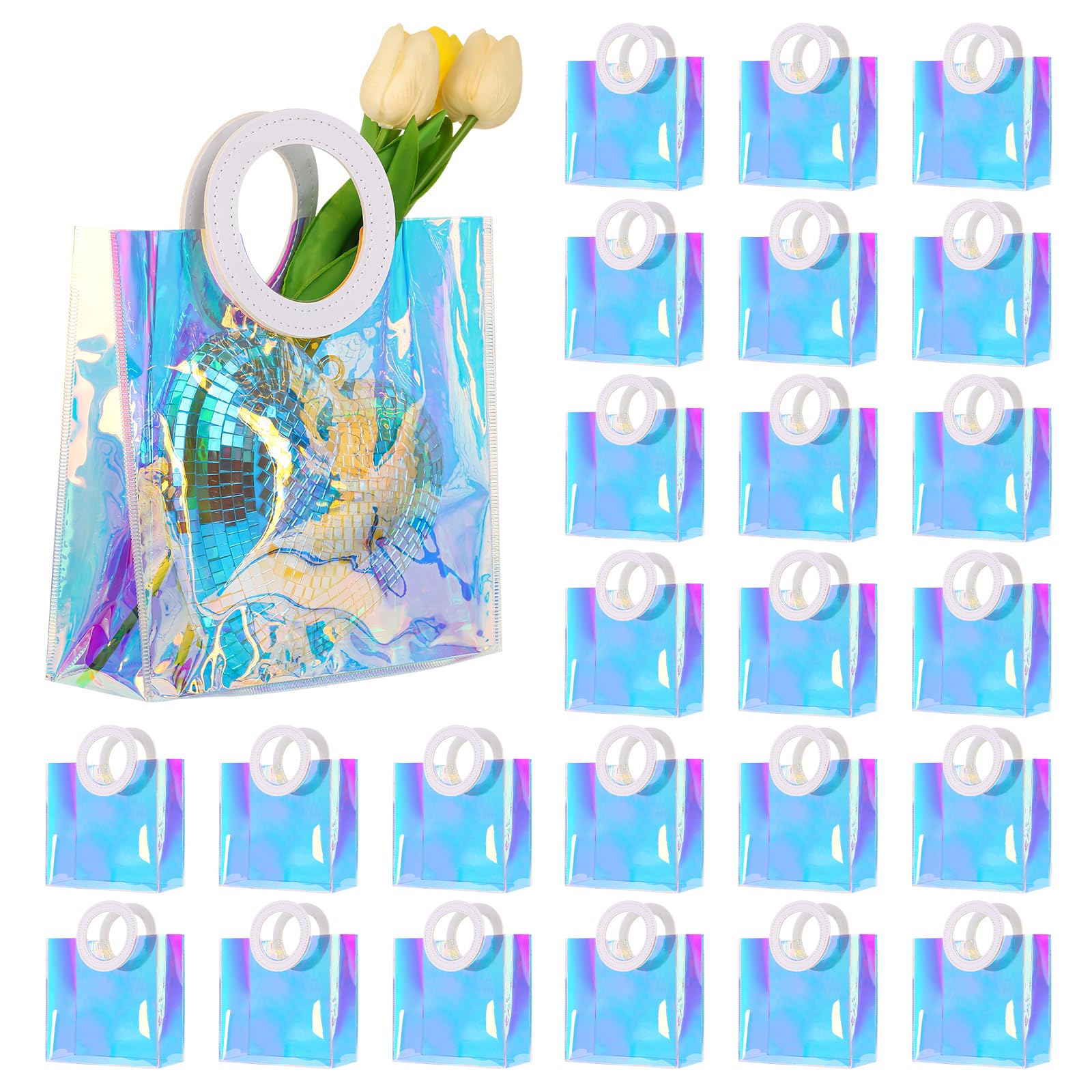 25 Pcs Clear Holographic Gift Bags 8x8x3.5 Inch - Iridescent Reusable PVC Gift Bags with Handles, Waterproof Party Favor Bags for Shopping, Travel, Holiday, Wedding, Birthday & Baby Shower Supplies | Perfect for Gift Wrapping, Party Decorations & Event Favors