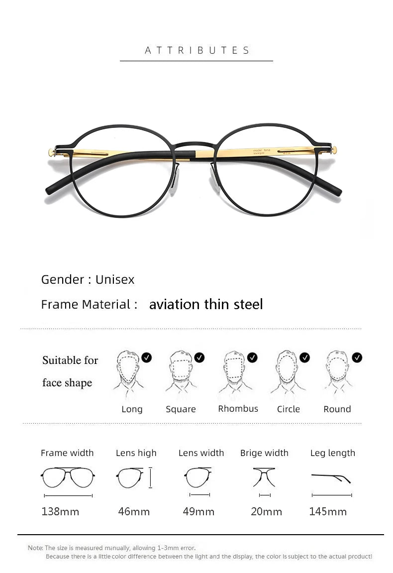 Aimee Unisex Full Rim Round Screwless Stainless Steel Eyeglasses Frame 20015 - Lightweight & Durable Eyewear for Work, Reading, and Everyday Fashion