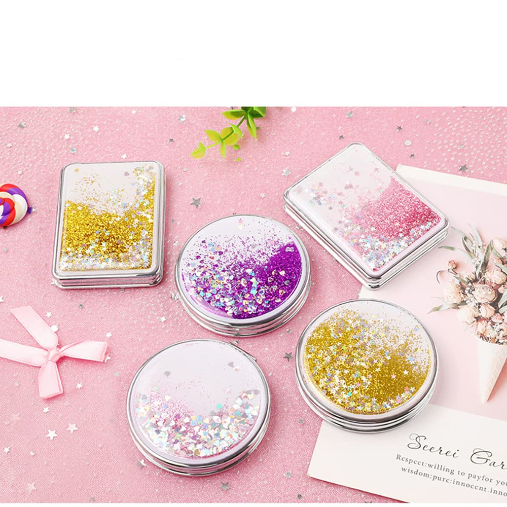 HSYHERE Creative Quicksand Double-Sided Portable Compact Foldable Fashion Hand Mirror - Travel Pocket Makeup Mirror (Round, Silver) | Perfect for Home, Travel & On-the-Go Touch Ups