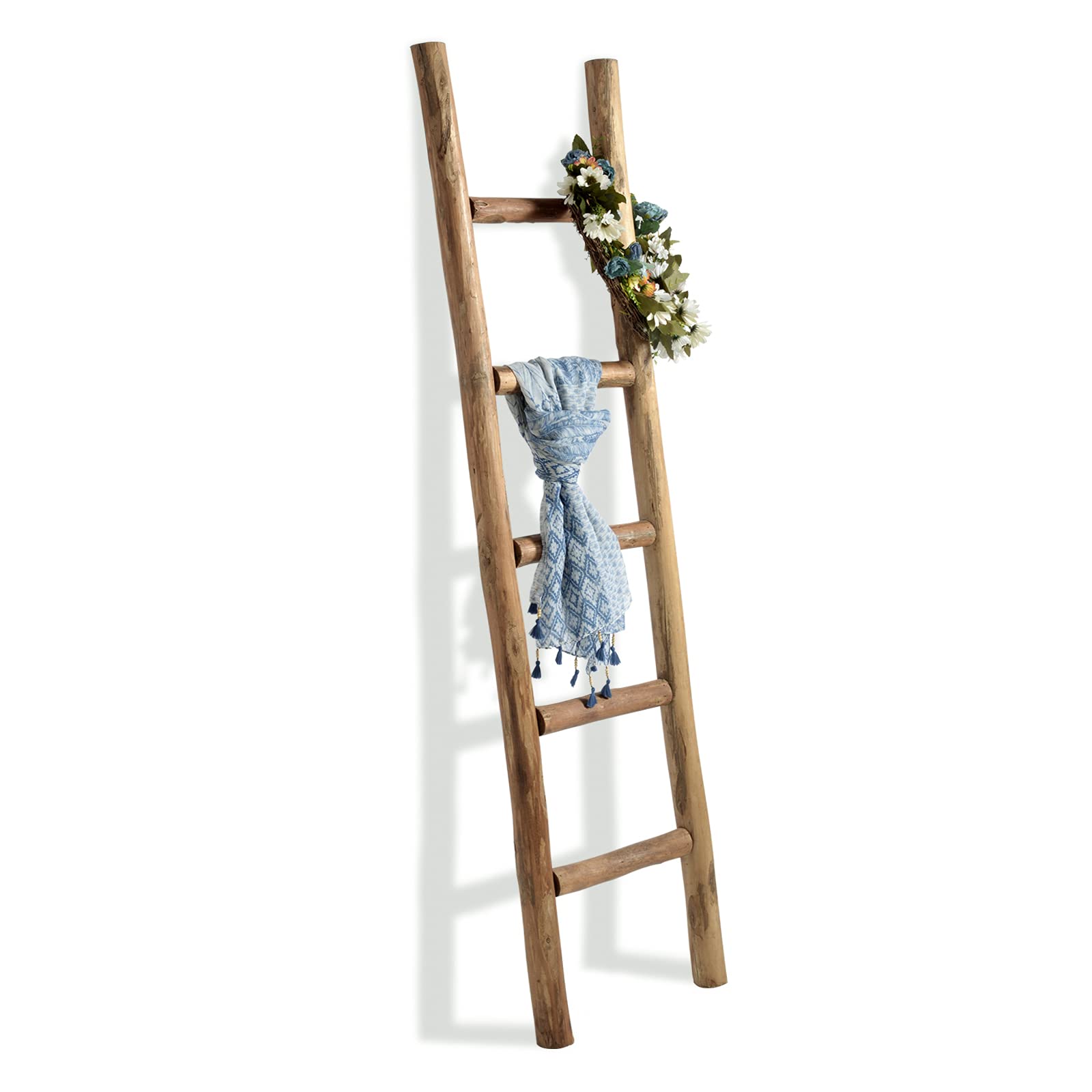 FUIN Fully Assembled 5 Ft Wooden Blanket Ladder - Rustic Farmhouse Decorative Wall Leaning Shelf for Bathroom Storage, Quilt & Towel Display - Perfect for Farmhouse, Cottage or Boho Home Decor (Brown)