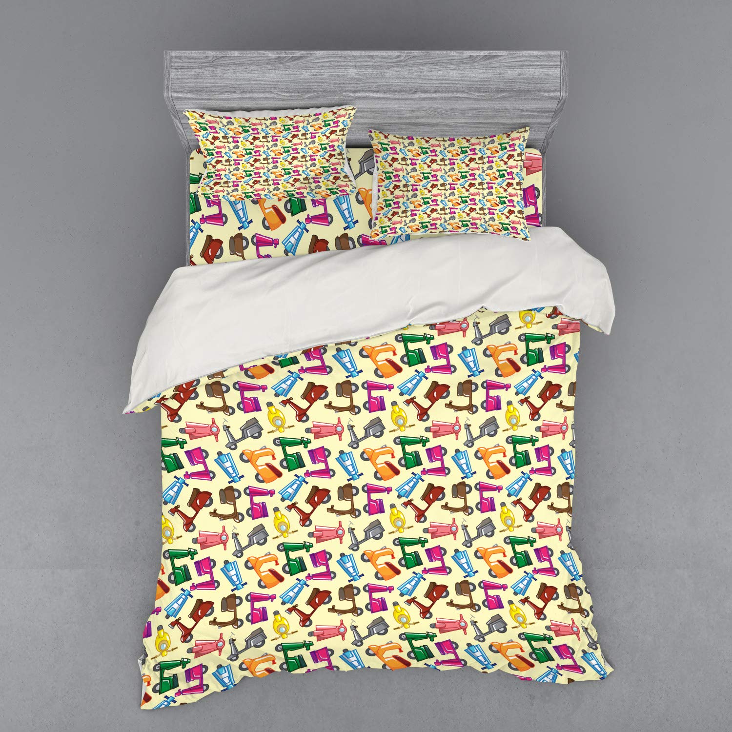 Ambesonne Motorcycle Duvet Cover Set - Vibrant Colorful Motorcycles & Toys Design, 3-Piece Queen Size Bedding Set with Pillow Sham & Fitted Sheet in Blue & Yellow | Perfect for Kids' Rooms, Teen Bedrooms & Motorcycle Enthusiasts