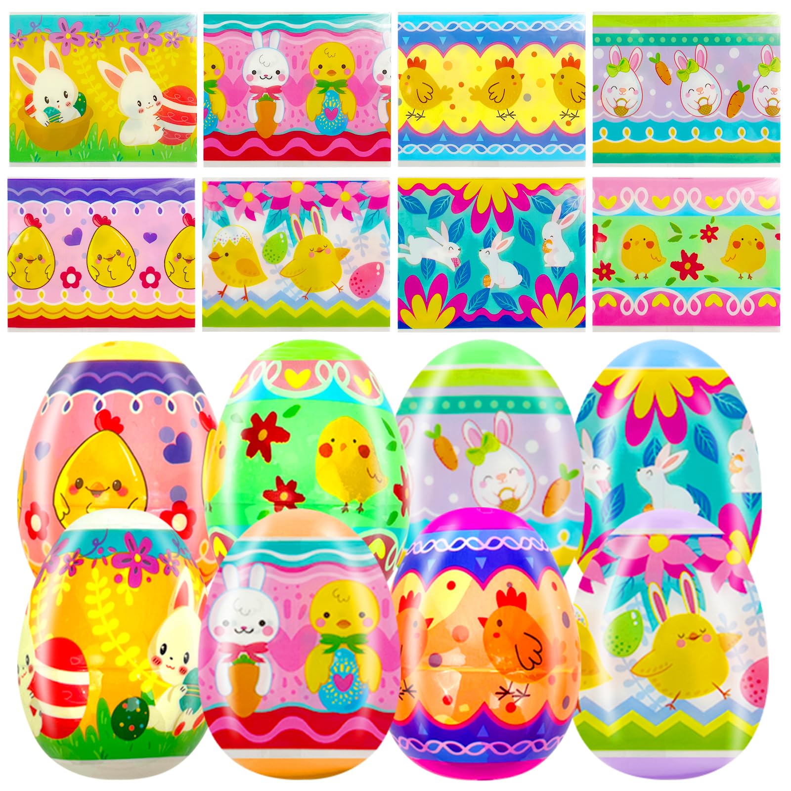 50 Pack Glow in the Dark Easter Egg Wraps - Heat Shrink Plastic Sleeves for 2.4 Inch Easter Eggs, Bunny Chicken Egg Decorations - Perfect for Easter Party Favors, Egg Hunt Decor & Spring Festival Crafts