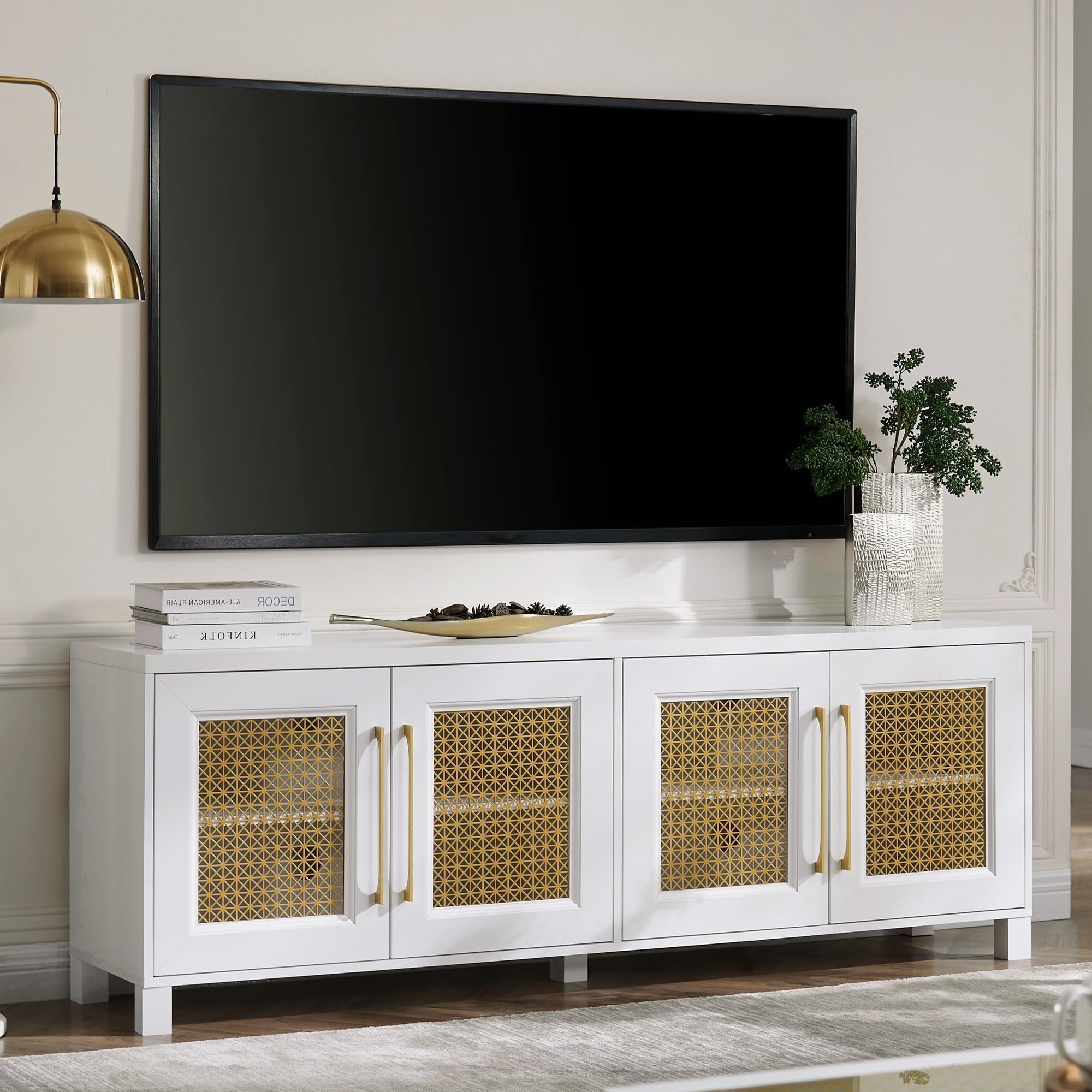 Mid-Century Modern Boho TV Stand for 75-Inch TVs - White Entertainment Center with Gold Metal Mesh Doors & Storage Cabinets, Large TV Console/Media Console for Living Room, 69.5