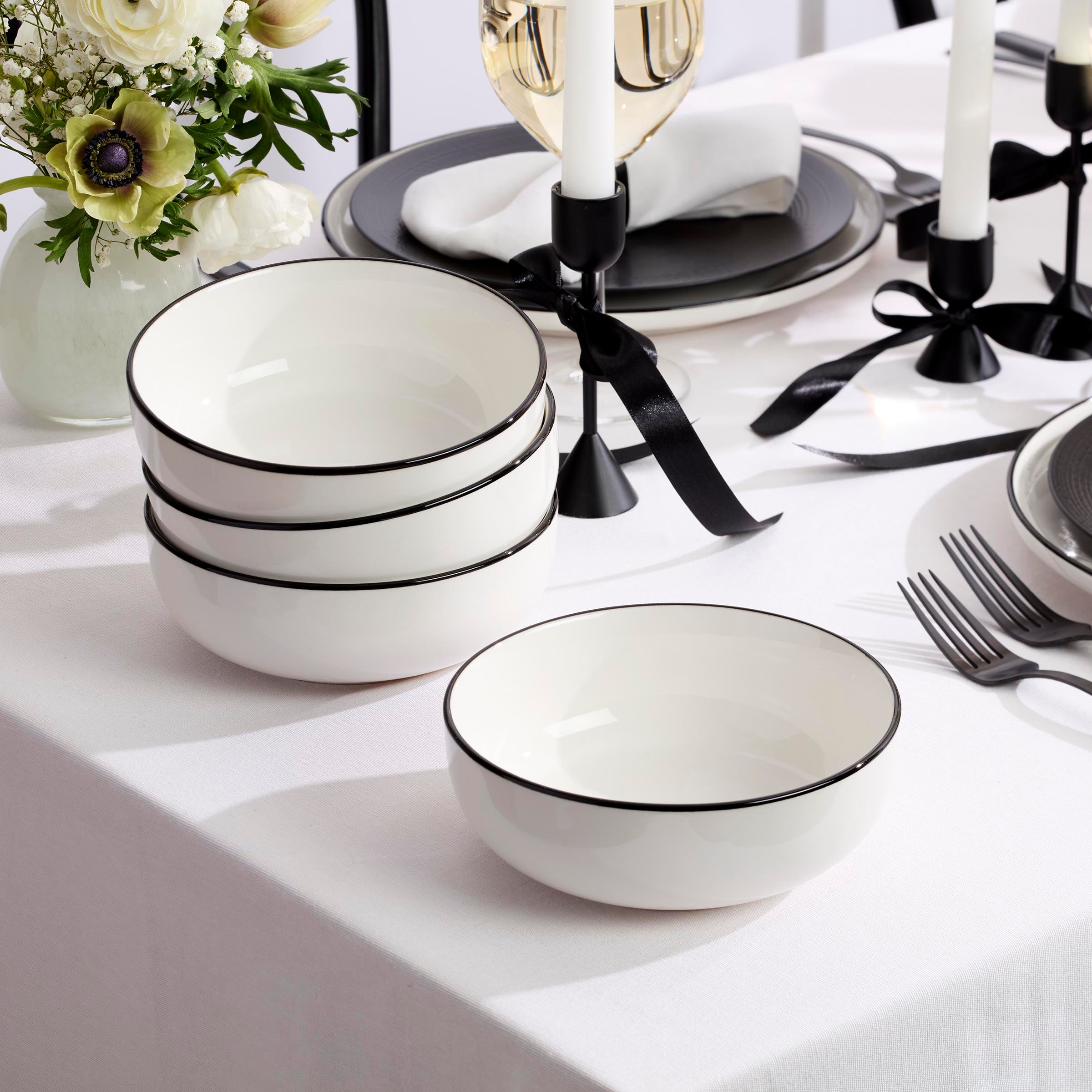 24 Seven 12-Piece Black Rim Dinnerware Set - Elegant Tableware for Everyday Dining, Dinner Parties & Special Occasions
