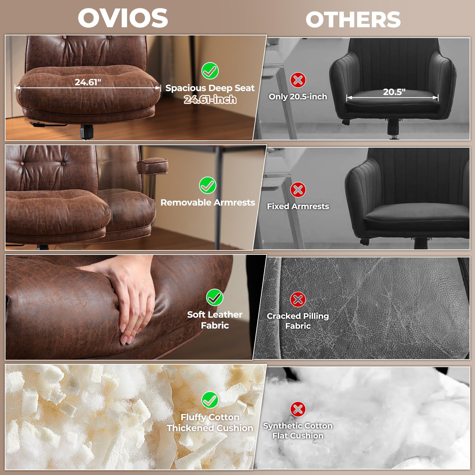 Ovios Ergonomic Home Office Chair - Mid-Century Modern Faux Leather Executive Chair with Thickened Cushions, High Back Support & Smooth Swivel Wheels - Comfortable Computer Desk Chair for Work, Gaming & Study (Dark Brown, Suede Leather) - Perfect for Home Office, Conference Room & Workspace