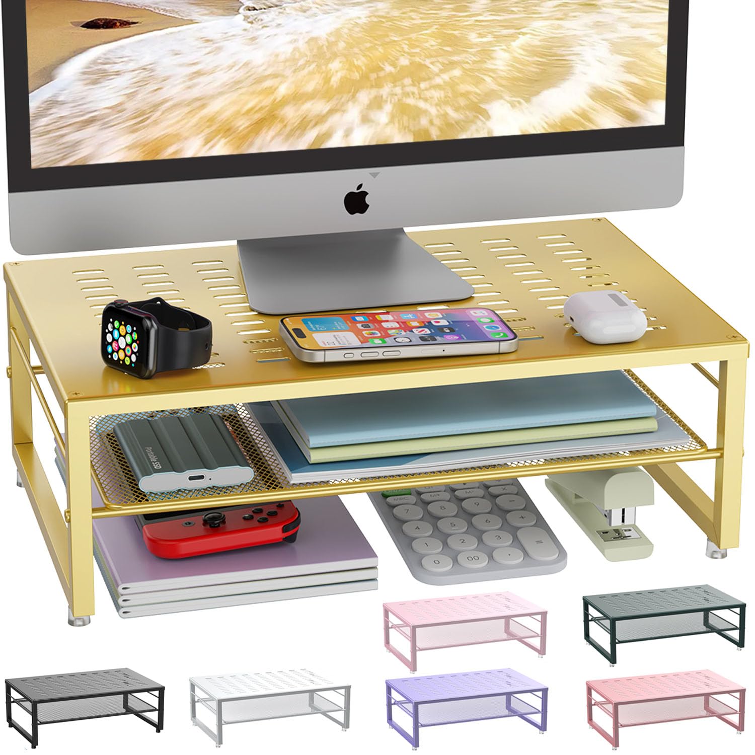 Gianotter 2-Tier Metal Monitor Stand Riser with Storage Shelf - Gold Desk Organizer for Computer Monitors, Laptops, Office Supplies | Space-Saving Home & Office Workspace Solution