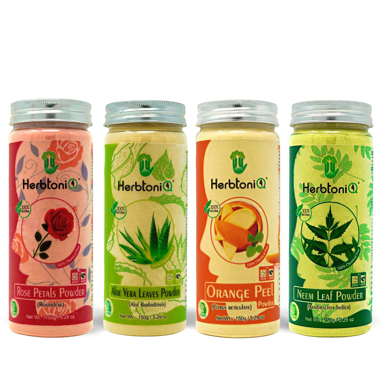 HerbtoniQ 100% Natural Organic Skincare Set - Rose Petals Powder, Aloe Vera Leaves Powder, Orange Peel Powder, Neem Leaf Powder (150g Each, Total 600g) for DIY Face Masks, Hair Treatments & Natural Beauty Care