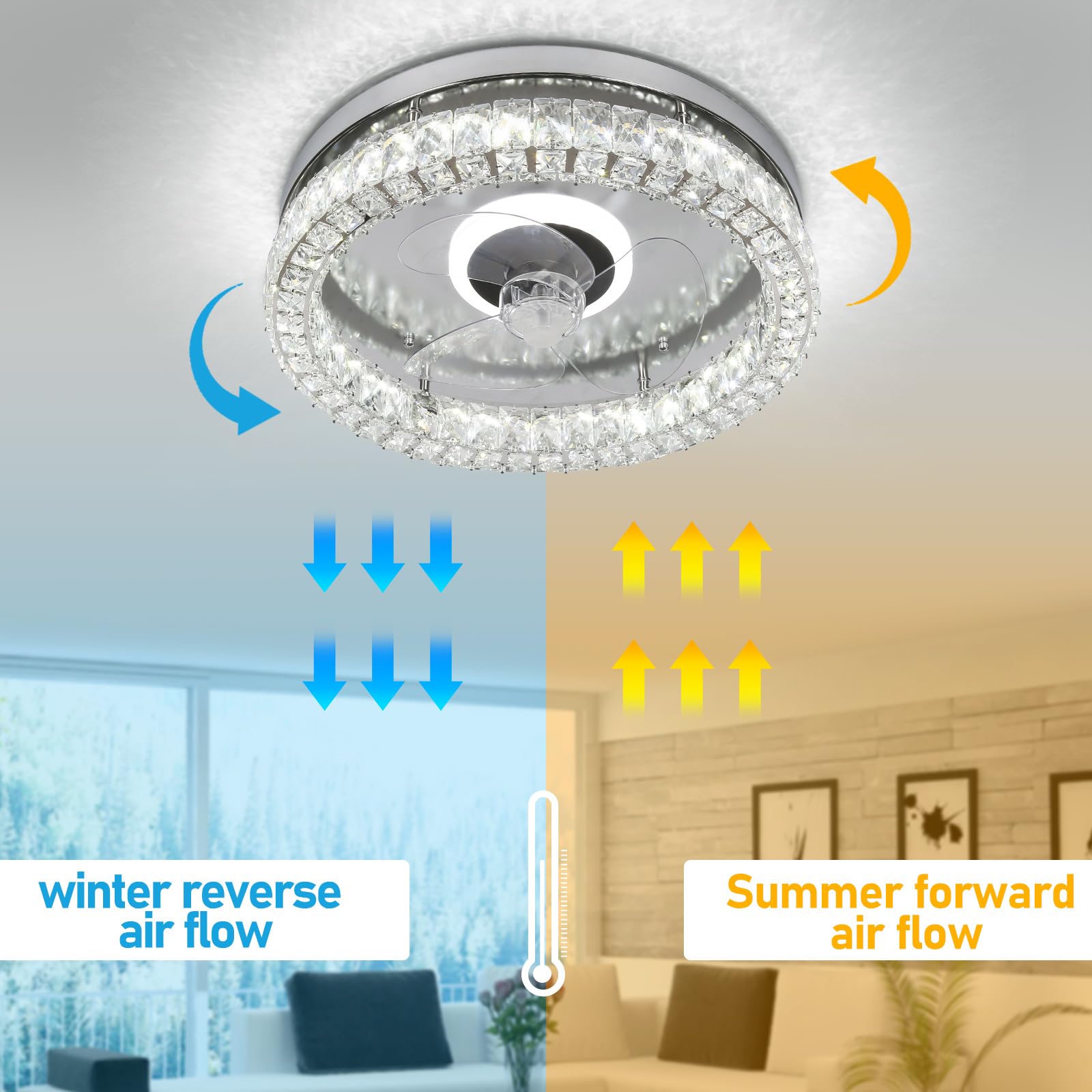 CLAIRDAI Modern Crystal Flush Mount Ceiling Fan with Lights - Remote Control, Dimmable LED Fandelier, Low Profile Design (Chrome) - Perfect for Bedroom, Living Room & Dining Room Lighting