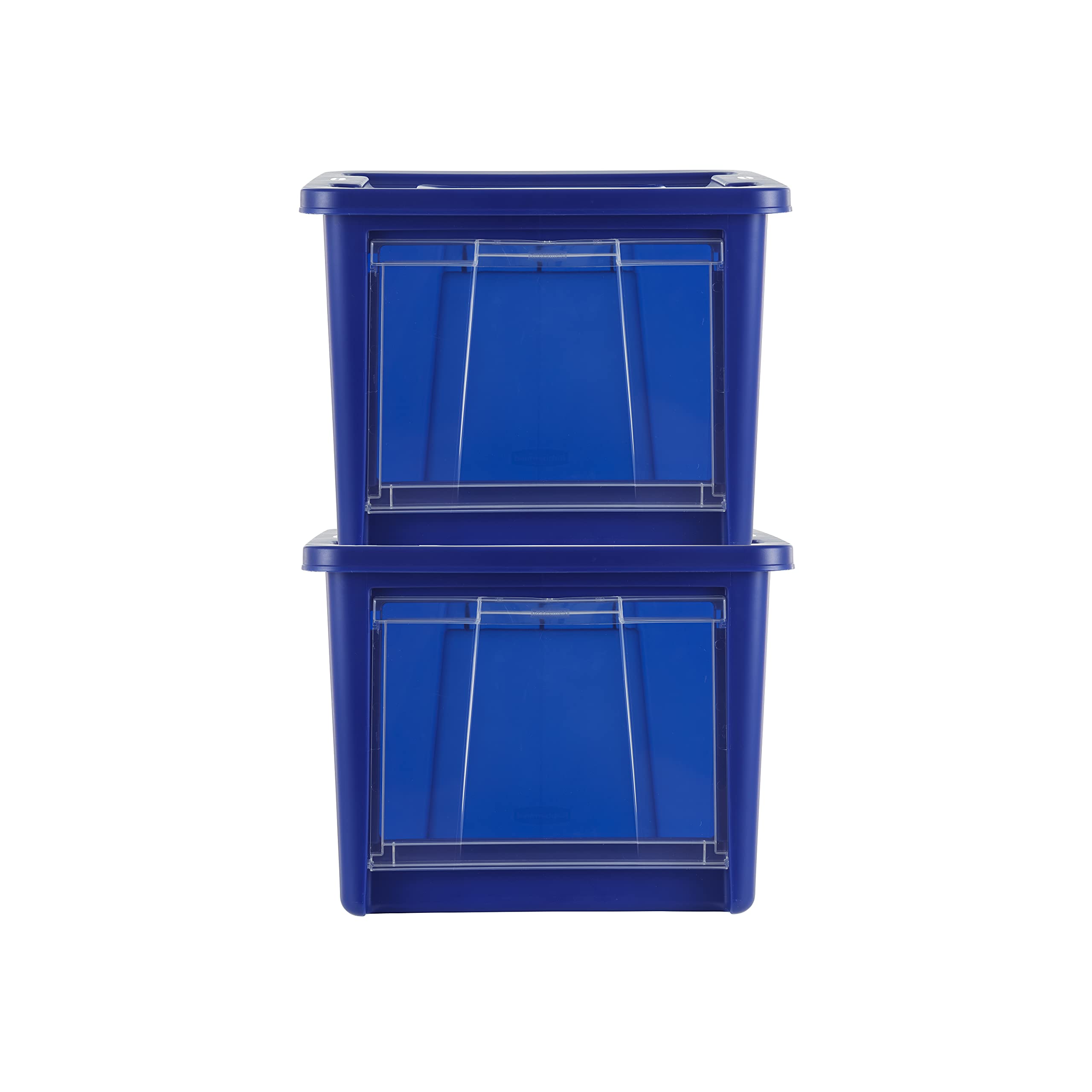 Rubbermaid Medium All-Access Storage Tote with Lids (2-Pack) - Stackable Clear Drop-Down Door Organizer Bins with Carry Handles for Closet, Pantry & Home Organization - Blazer Blue with Clear Door - Perfect for Bedroom, Office & Kids' Room Storage