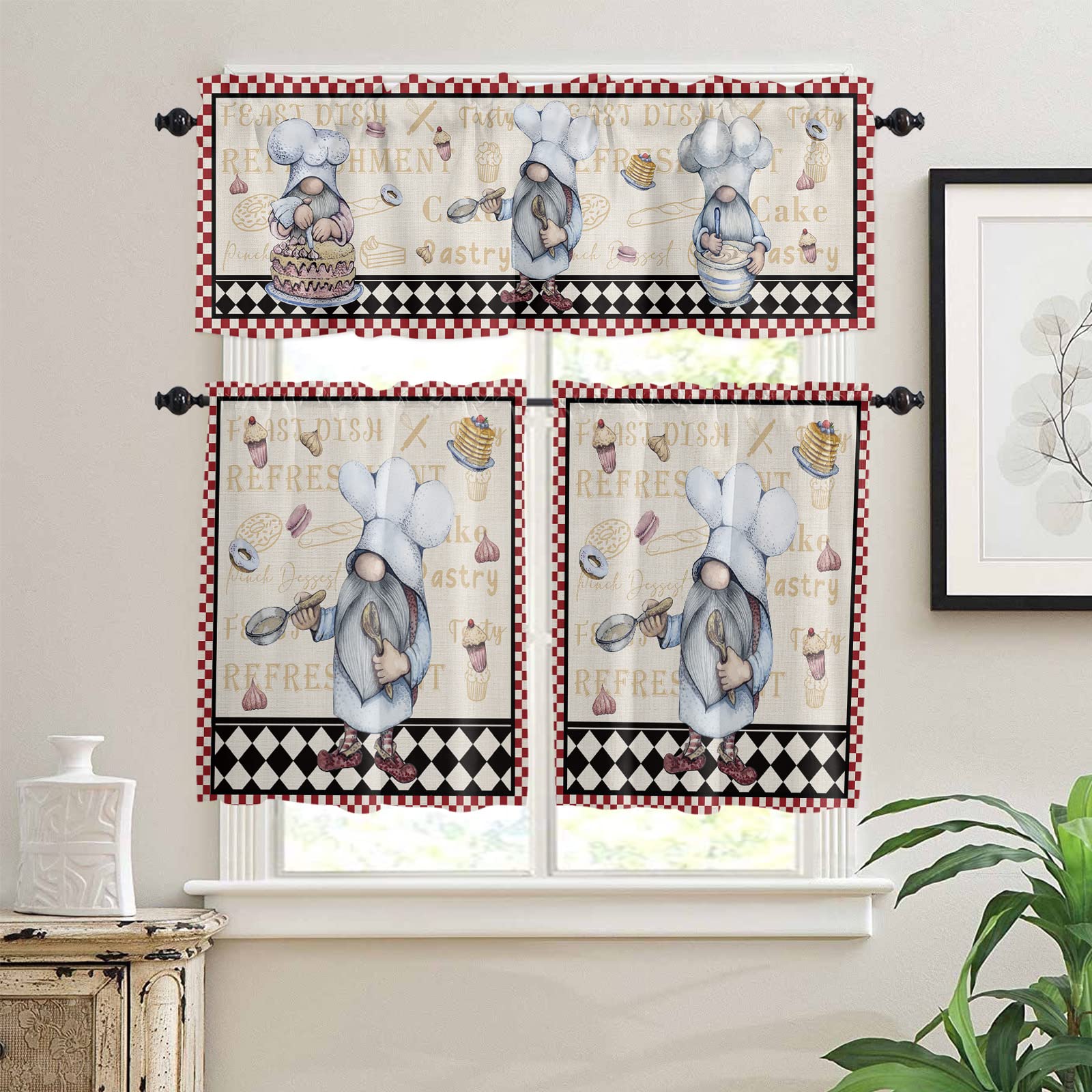 3 Piece Kitchen Window Curtains Set - Chef Gnomes Design, Black White Red Checkered Plaid with Rod Pocket, Half Tiers & Valance for Cozy Farmhouse Decor | Perfect for Kitchen, Dining Room & Cottage Style Windows