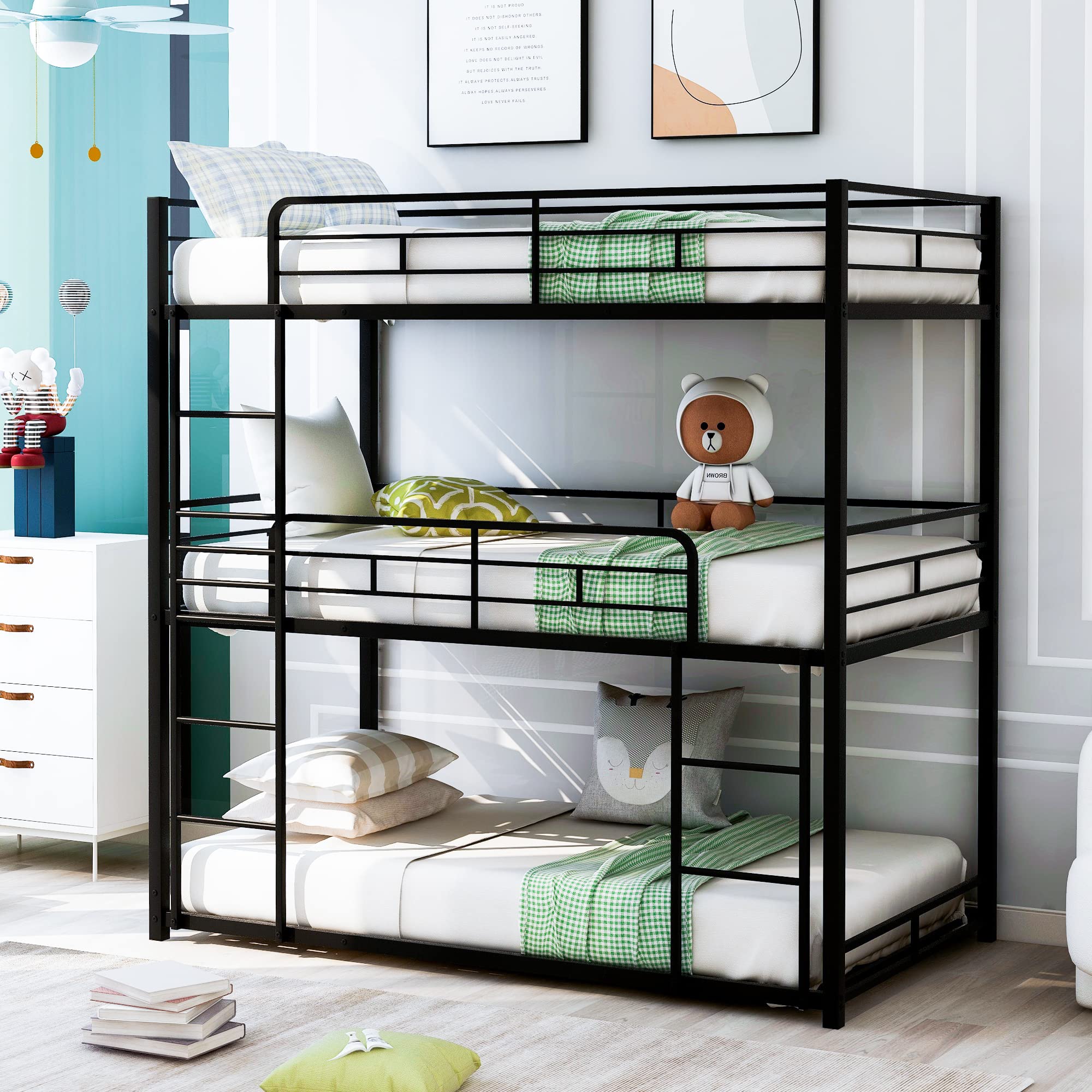 Sturdy Metal Triple Bunk Bed Frame - No Box Spring Needed with Safety Guardrails & Built-in Ladder for Kids, Teens, Boys & Girls | Space-Saving Bedroom Solution for Dorms, Hostels & Shared Kids' Rooms
