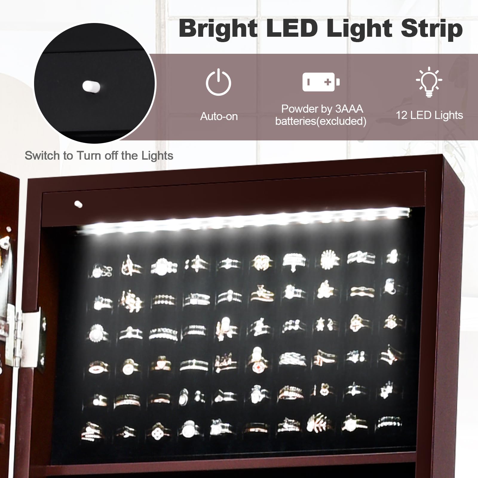 Giantex 12 LED Jewelry Armoire Cabinet with Frameless Full-Length Mirror - Standing Jewelry Organizer with 16 Lipstick Holders & Large Storage - 3 Angle Adjustable Brown Jewelry Cabinet for Bedroom, Dressing Room & Closet Organization