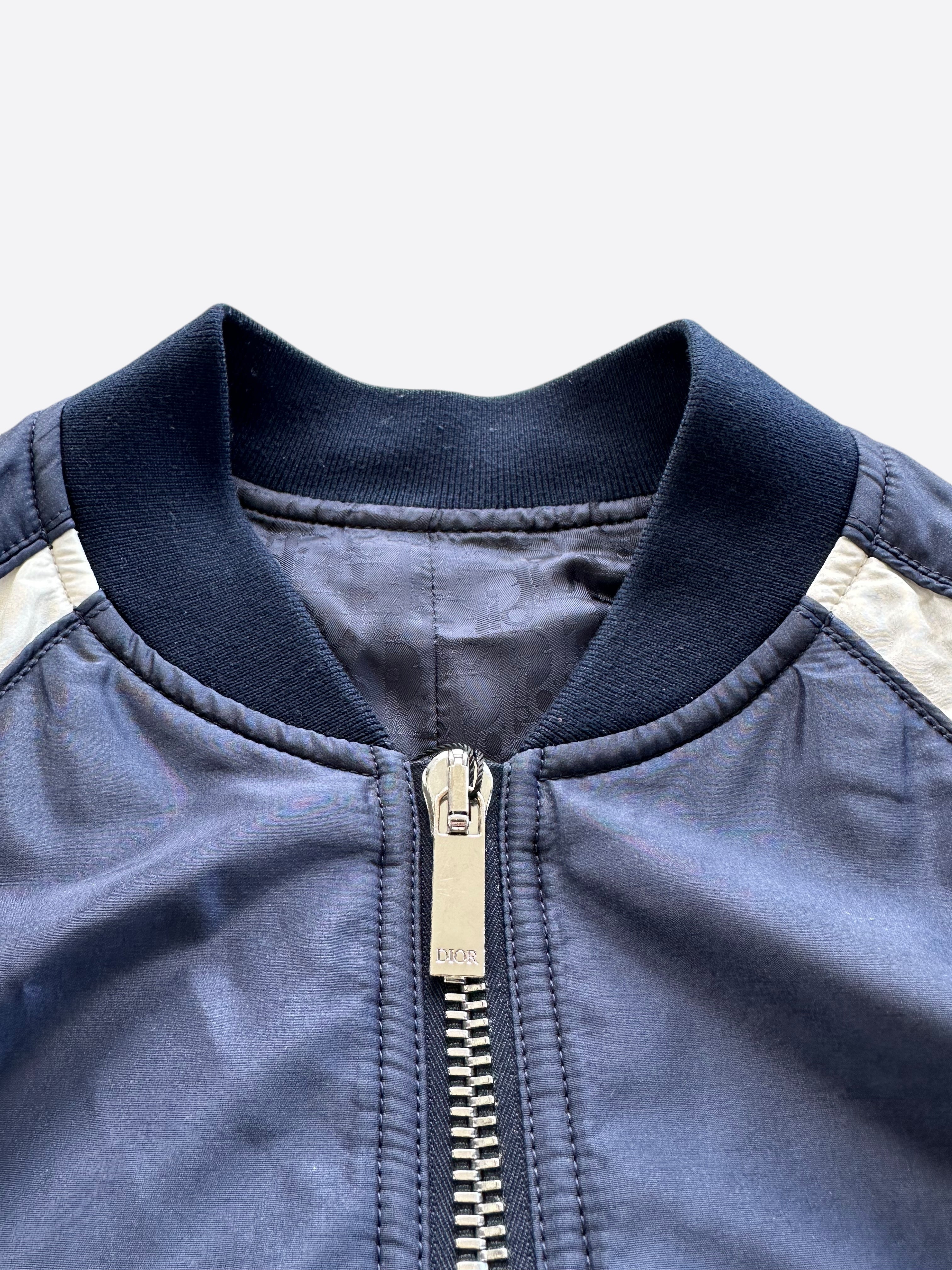 Dior Air Jordan Navy & White Embroidered Silk Bomber Jacket - Luxury Streetwear for Men | Perfect for Casual Outfits, Parties & Fashion Events