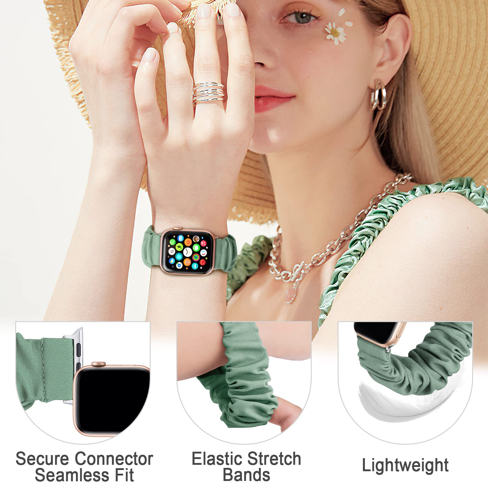Cute Printed Scrunchie Bands for Apple Watch 38mm 40mm 41mm 42mm 44mm 45mm - Soft Elastic Solo Loop Wristband Strap Compatible with iWatch SE Series 9/8/7/6/5/4/3/2/1 - Fashionable Accessory for Women, Perfect for Workouts, Yoga & Everyday Wear