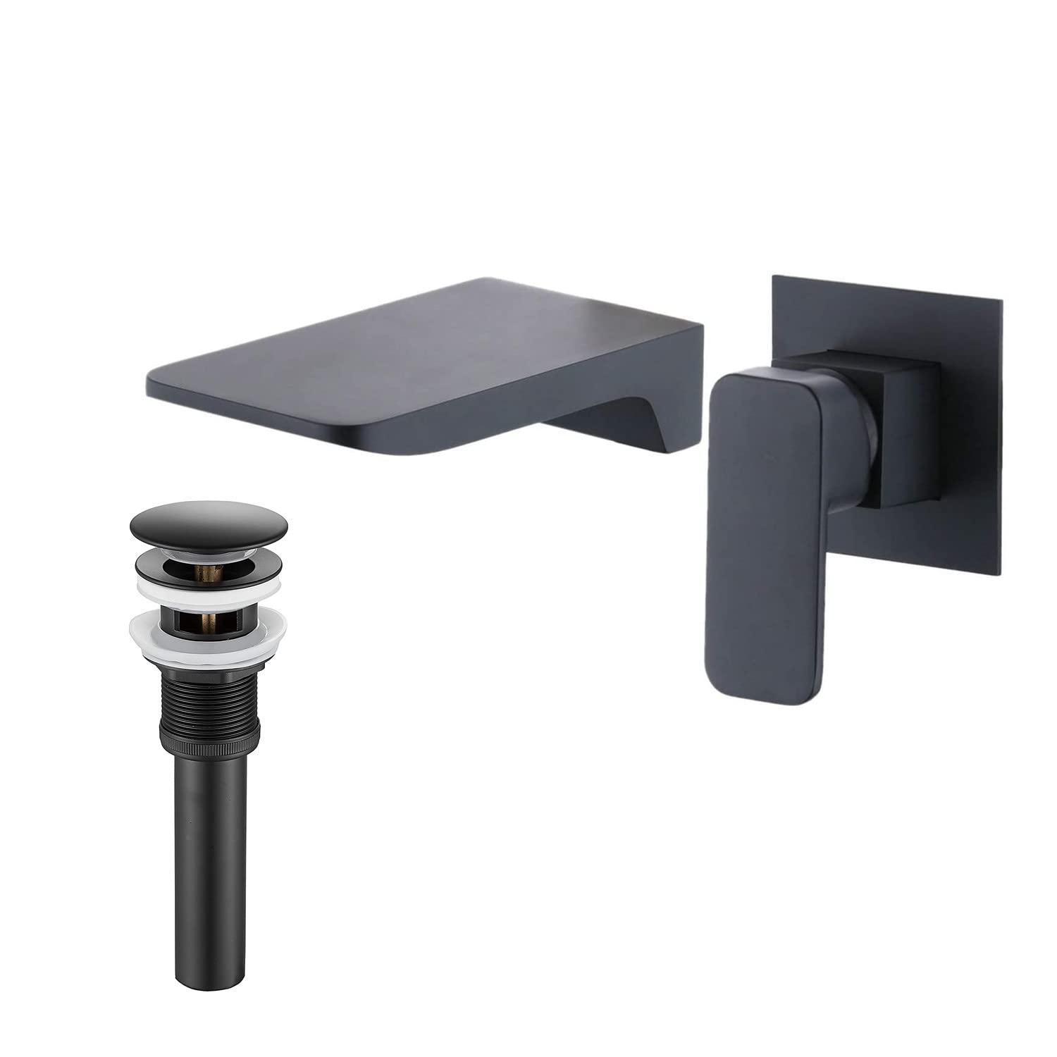 Modern Matte Black Wall Mount Waterfall Bathroom Faucet with Pop-Up Drain - Sleek Vessel Sink Faucet for Bathroom Vanity & Bathtub - Perfect for Contemporary Home Decor & Spa-Like Bathroom Upgrades