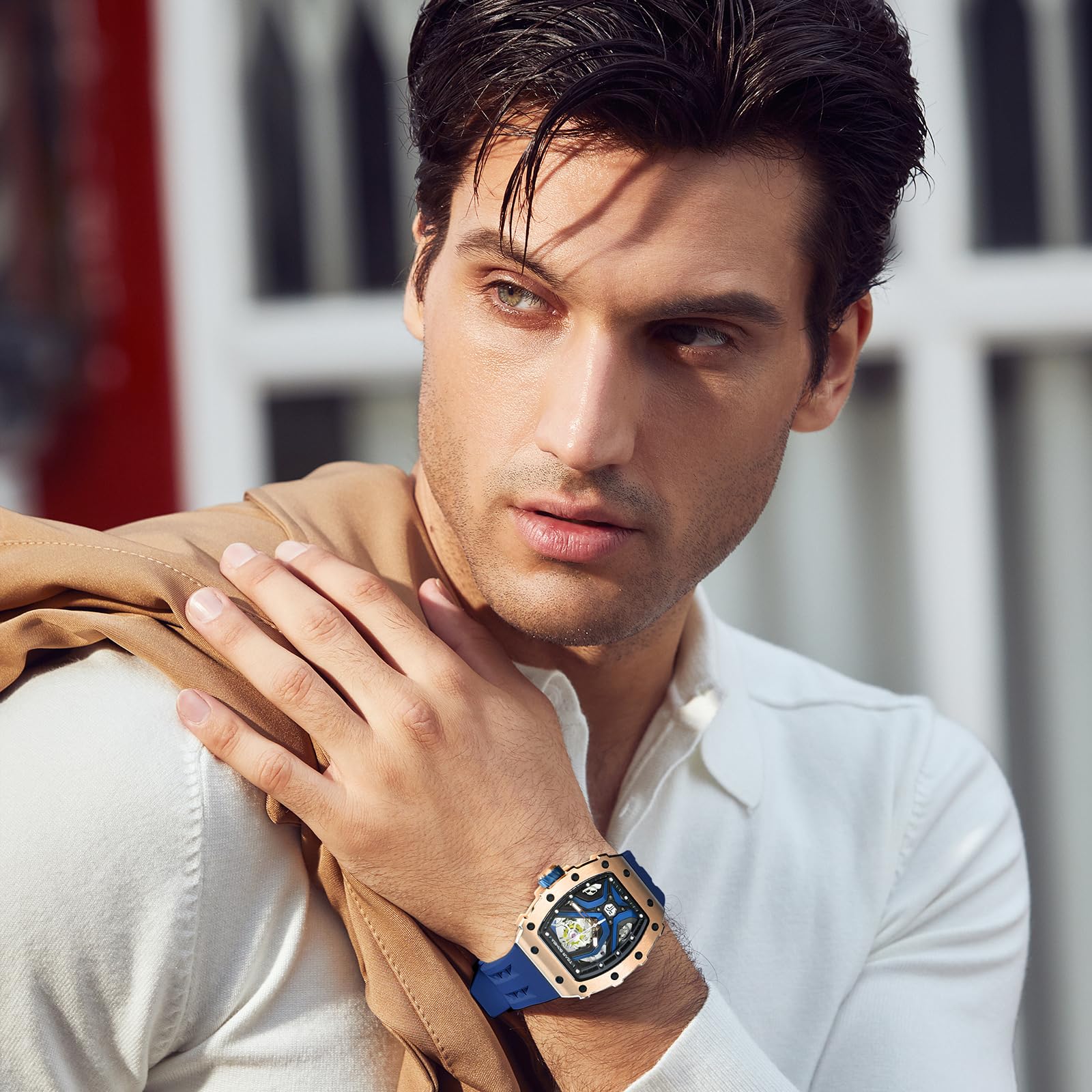 TSAR BOMBA Men's Automatic Watch - 50M Waterproof Luxury Skeleton Mechanical Watch with Silicone Band, Black Tonneau Design - Perfect for Business, Casual Wear & Christmas Gifts for Men