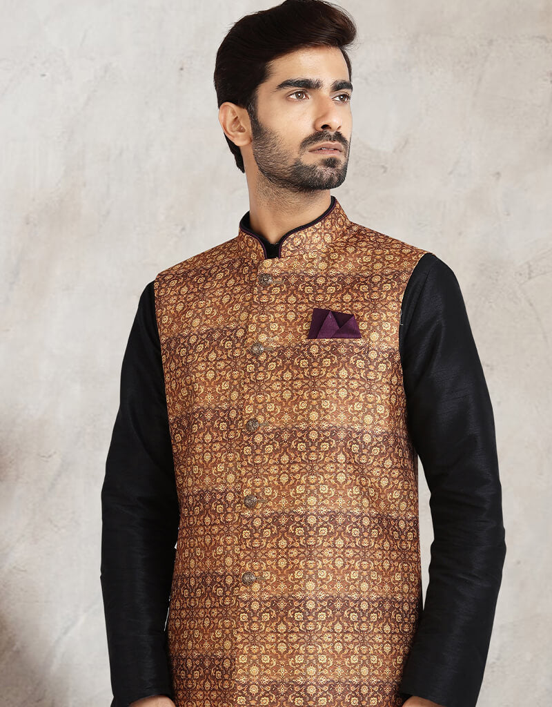Black 3 Piece Banarasi Silk Jacket & Churidar Set - Elegant Indian Ethnic Wear for Weddings & Festive Occasions