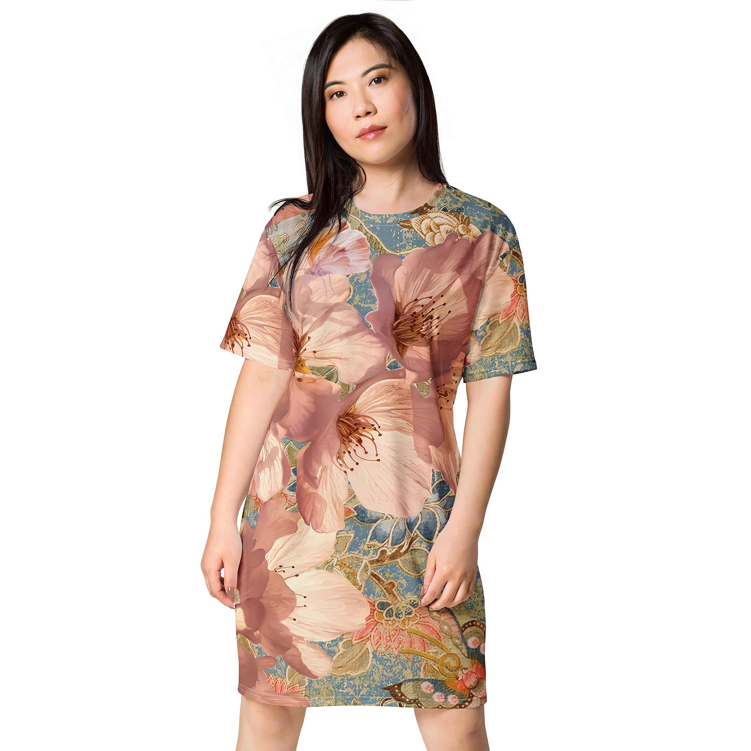 Japanese Cherry Blossom Kimono Print Short Sleeve Drop Shoulder T-Shirt Dress - Casual Boho Summer Dress for Women, Perfect for Beach, Festival, and Vacation Wear