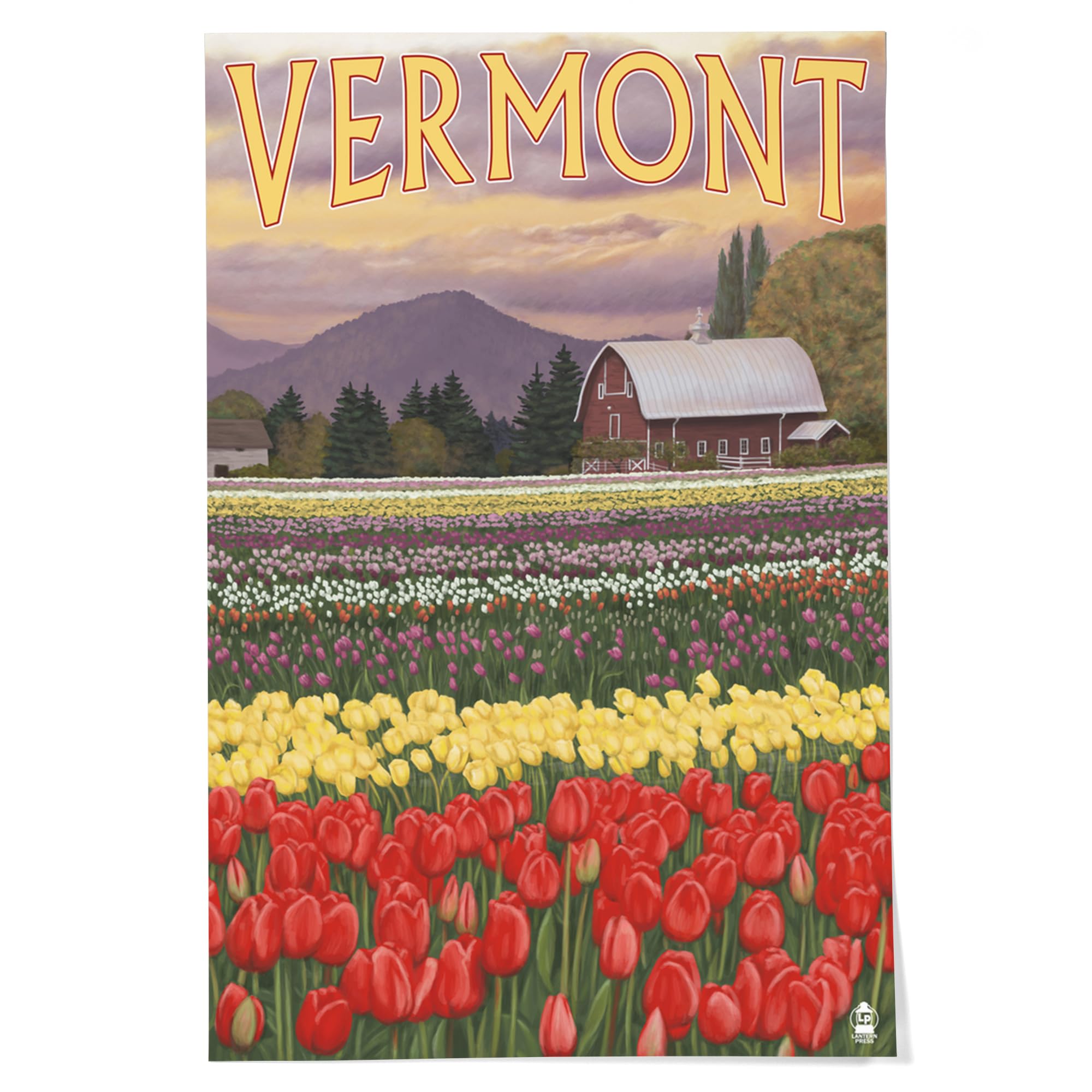 Lantern Press 24x36 Inch Giclee Art Print - Vermont Tulip Fields Wall Decor - Premium Canvas Painting for Living Room, Bedroom & Office