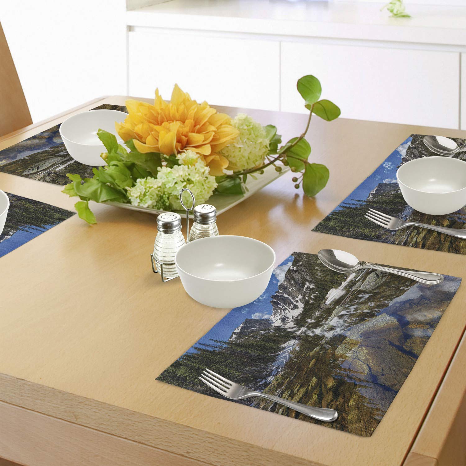 Ambesonne 4-Pack Landscape Placemats - Dream Mirroring Lake Mountain Park Scenic Design, Washable Fabric Table Mats for Dining Room & Kitchen Decor (Green, Brown, Blue) | Perfect for Dinner Parties, Holiday Gatherings & Everyday Use