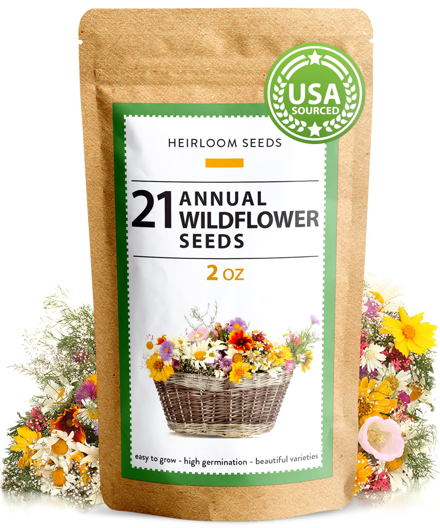 49,000+ Wildflower Seeds Bulk Mix (2oz) - 21 Non-GMO Varieties for Bee & Butterfly Gardens | Annual Flower Seeds for Planting | Native Wildflowers for Home Gardens | Perfect for Pollinator Habitats & Backyard Landscaping