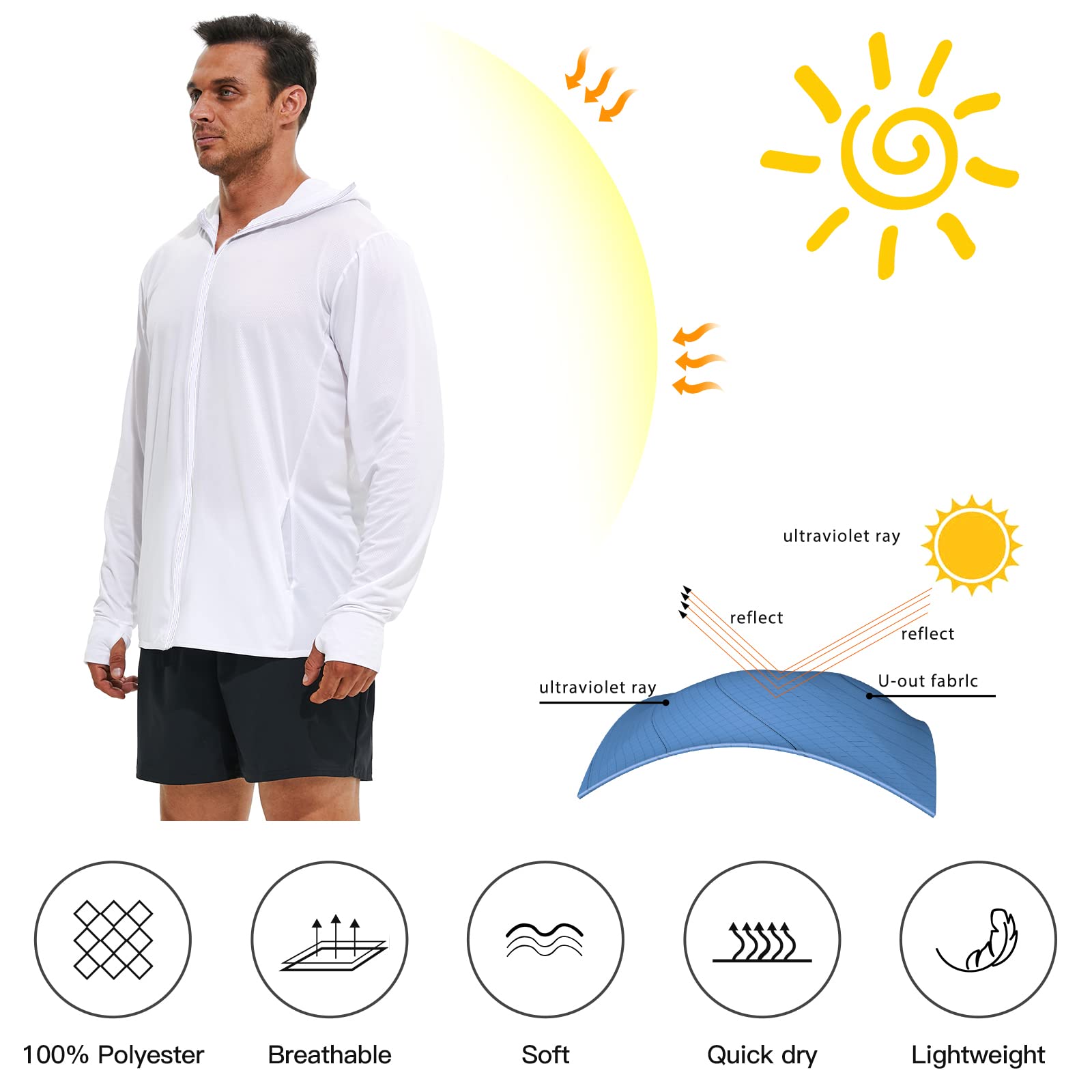 Men's UPF 50+ Sun Protection Hoodie - Lightweight Full Zip Long Sleeve Jacket with Pockets for Hiking, Fishing & Outdoor Activities