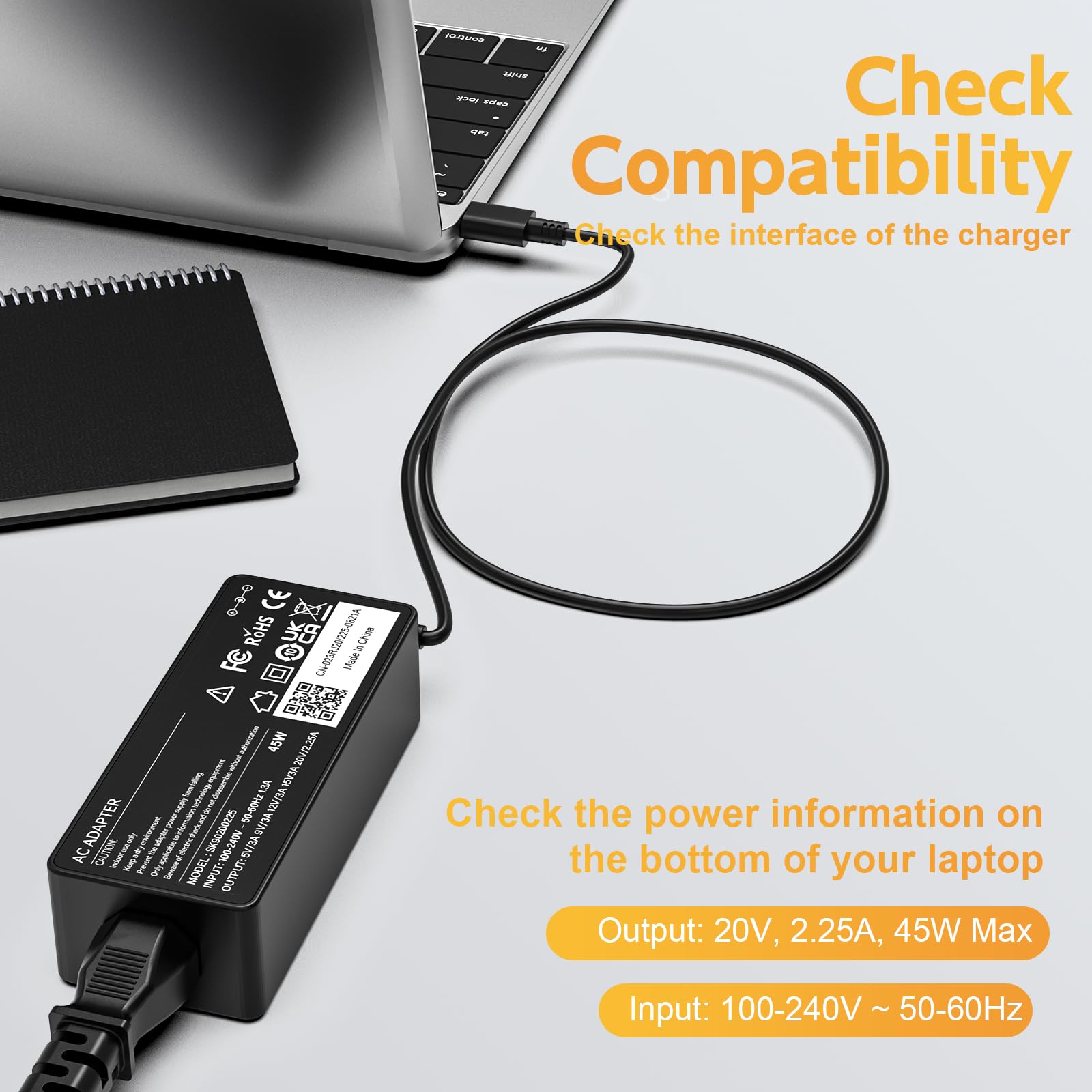 ROLADA 45W USB-C Laptop Charger for Lenovo ThinkPad T480 T490 T570 T580 T580S E480 E485 E495, Yoga 720 730 730s S730 910 920 C630 C930 C940 S940, Chromebook 100E 300E 500E C330 C340 - Fast Charging Power Supply Cord for Home, Office & Travel
