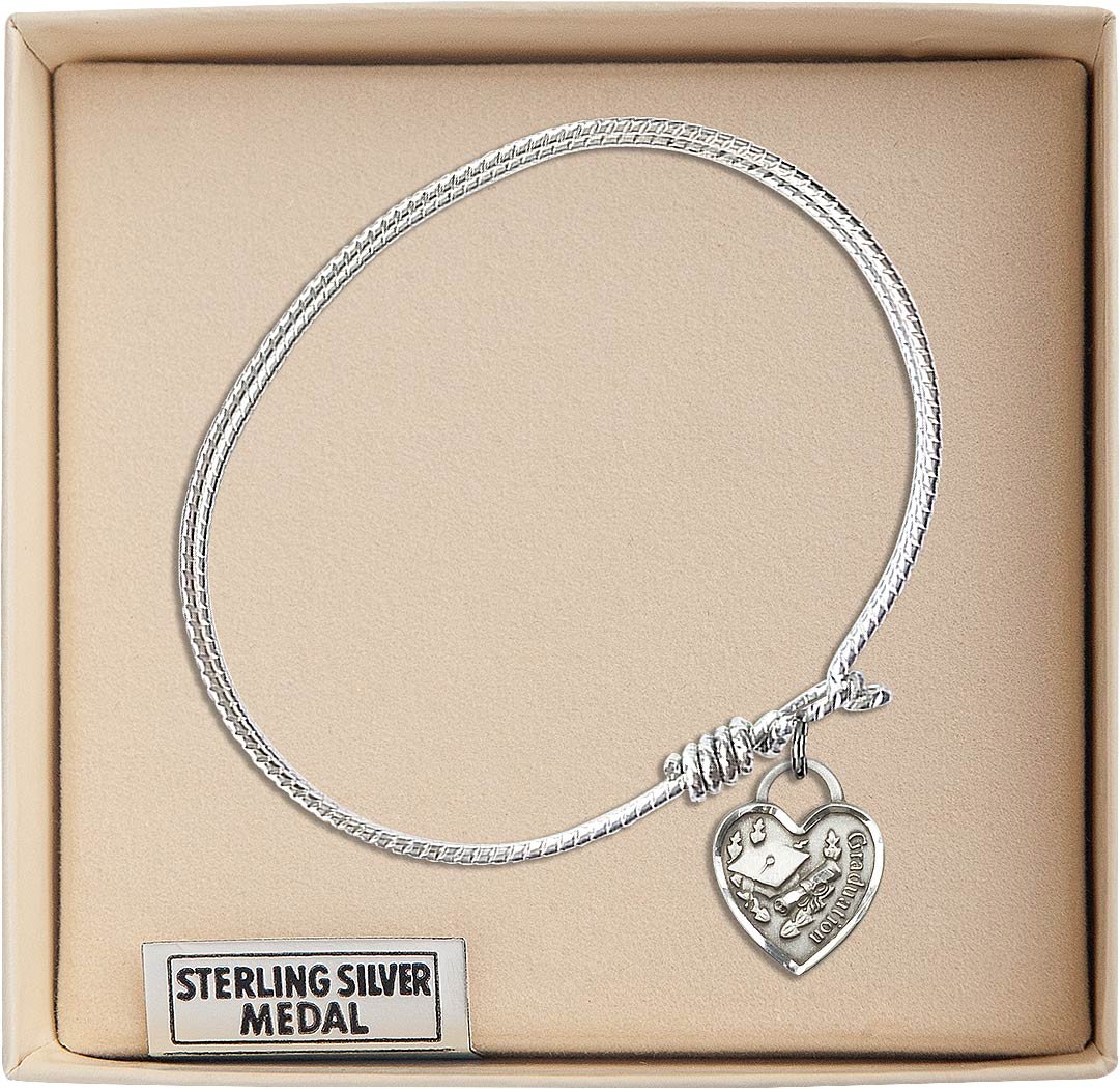Sterling Silver Oval Eye Hook Bangle Bracelet with Graduation Heart Charm - Perfect for Graduation Gifts, Prom Jewelry & Everyday Wear