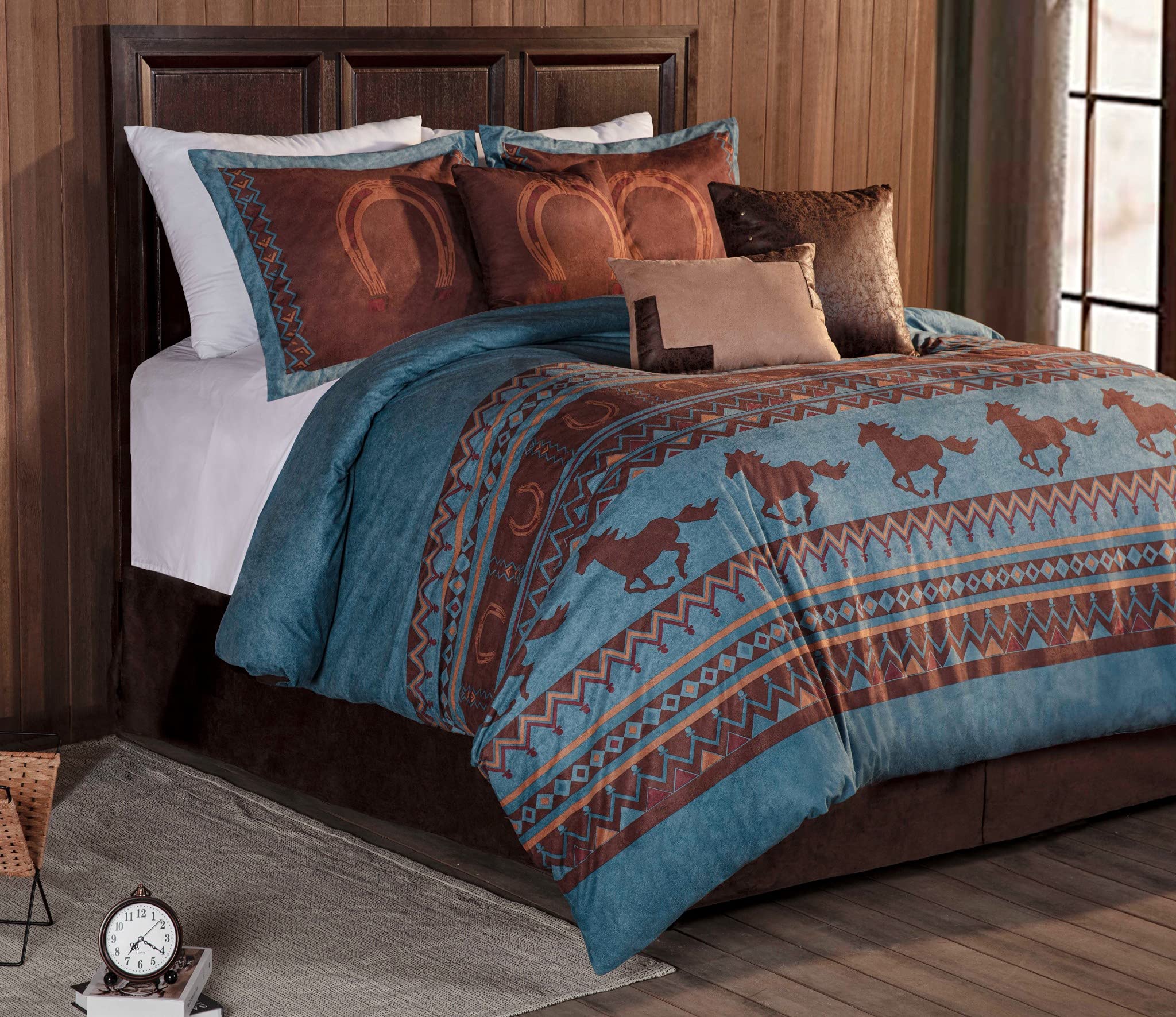 Chezmoi Collection Sedona 7-Piece Southwestern Wild Horses Microsuede Comforter Set - Full Size, Turquoise Blue | Western Theme Bedding for Guest Rooms & Southwestern Decor